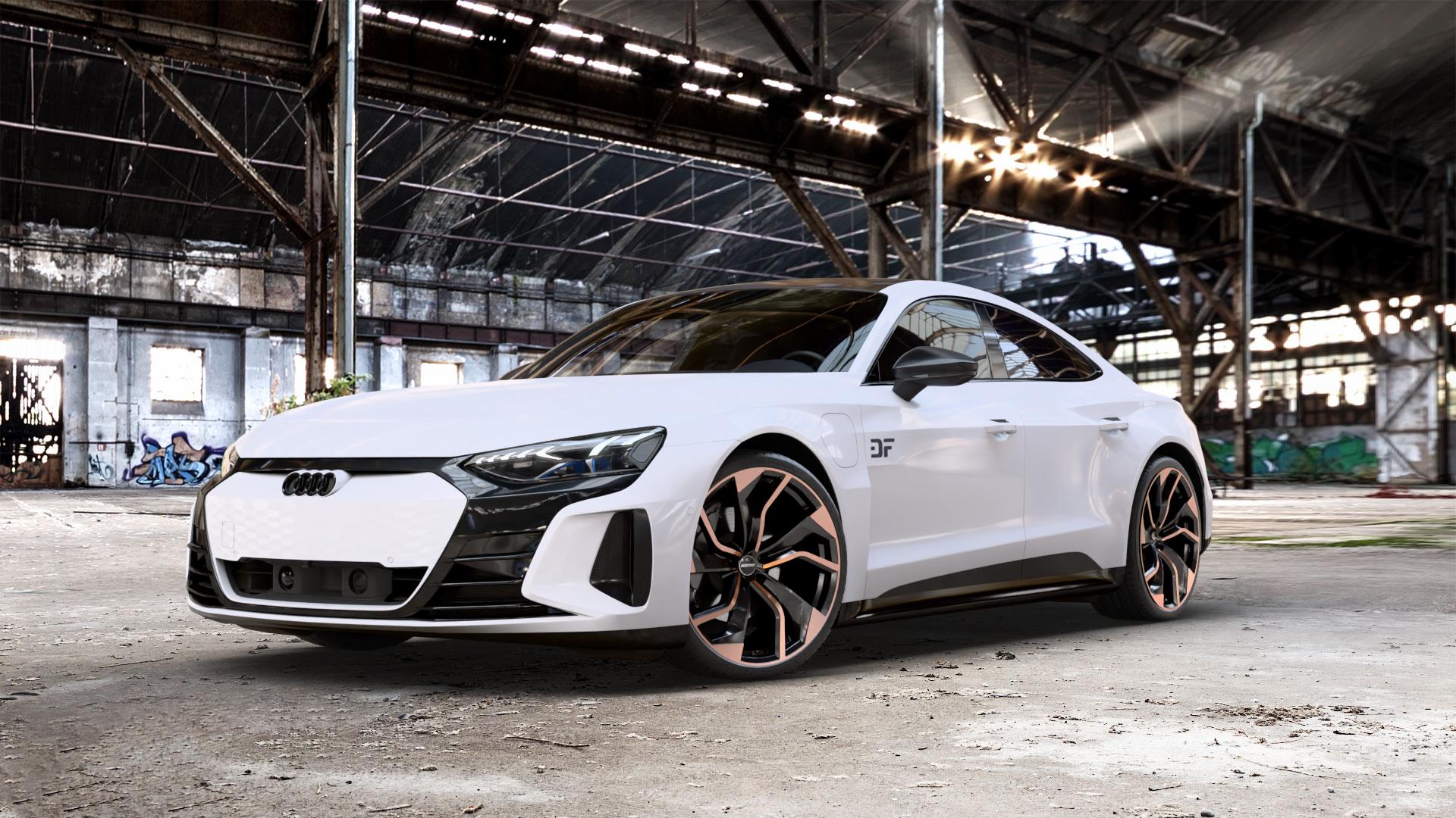 GMP Italia Rebel Luci di Portofino Felge mit Reifen schwarz bronze in 22Zoll Winterfelge Alufelge auf weissem Audi RS E-Tron GT Typ FW ⬇️ mit 15mm Tieferlegung ⬇️ Old Industrial Hall_max_5300mm_2024 Frontansicht_1