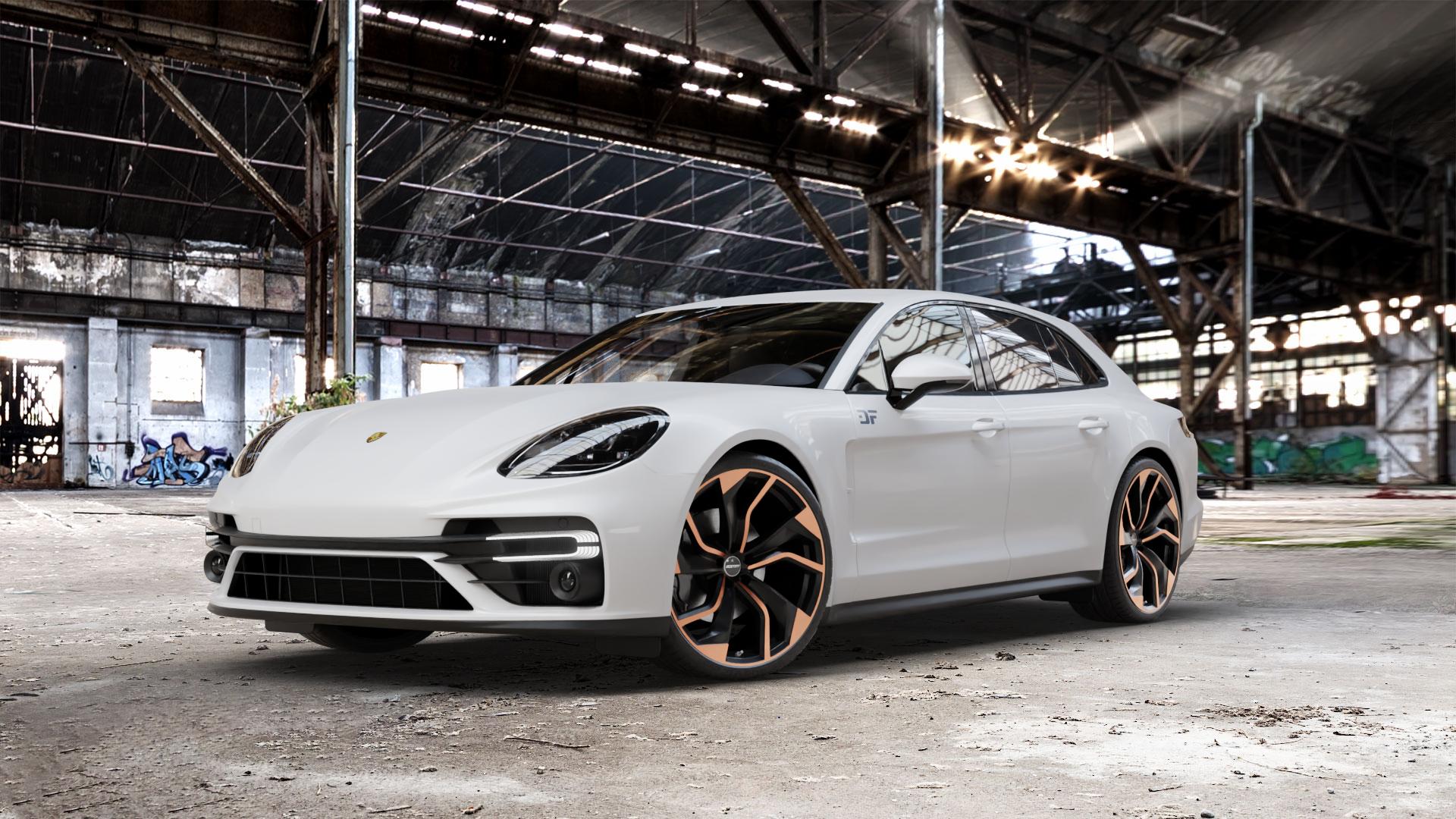 GMP Italia Rebel Luci di Portofino Felge mit Reifen schwarz bronze in 22Zoll Winterfelge Alufelge auf weissem Porsche Panamera Sport Turismo Typ 971 Facelift ⬇️ mit 15mm Tieferlegung ⬇️ Old Industrial Hall_max_5300mm_2024 Frontansicht_1