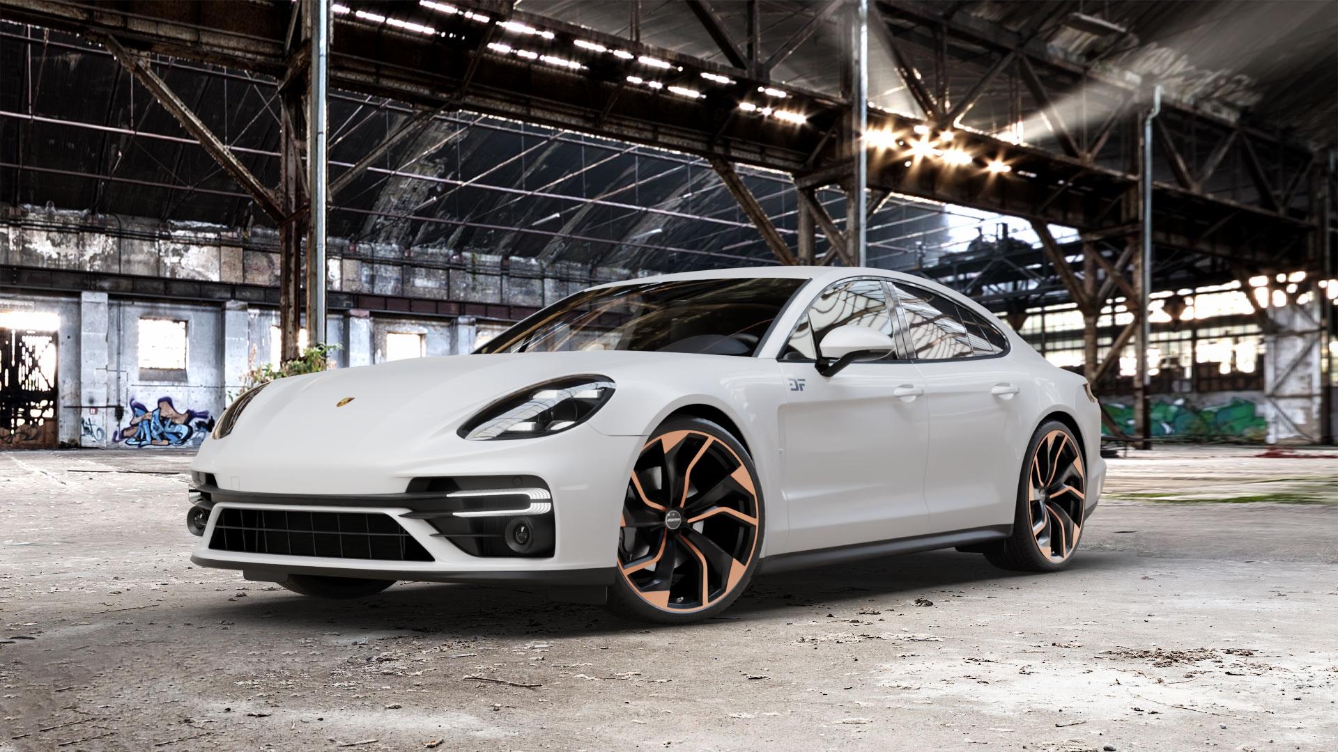 GMP Italia Rebel Luci di Portofino Felge mit Reifen schwarz bronze in 22Zoll Winterfelge Alufelge auf weissem Porsche Panamera Typ 971 Facelift ⬇️ mit 15mm Tieferlegung ⬇️ Old Industrial Hall_max_5300mm_2024 Frontansicht_1
