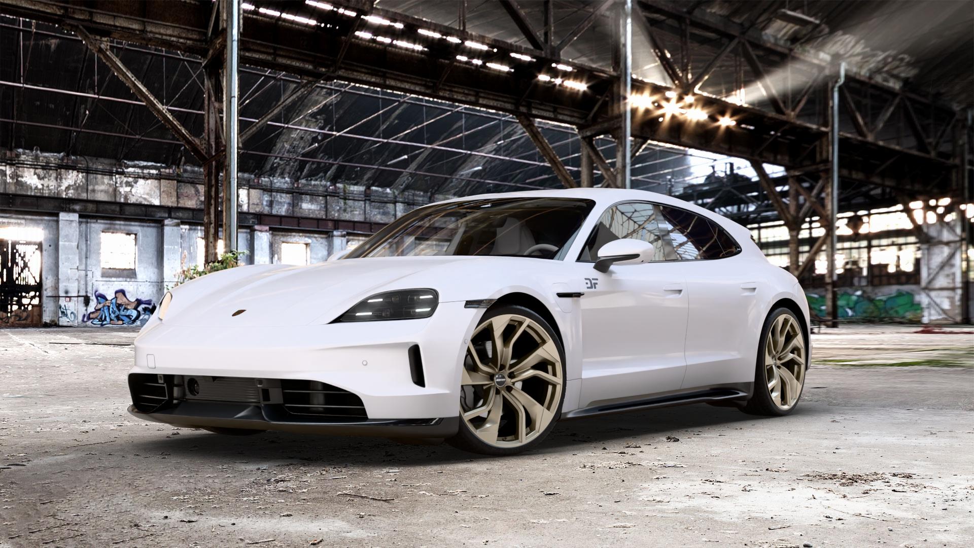 GMP Italia Rebel Metal Bronze Felge mit Reifen in 22Zoll Winterfelge Alufelge auf weissem Porsche Taycan Sport Turismo Typ Y1A Facelift ⬇️ mit 15mm Tieferlegung ⬇️ Old Industrial Hall_max_5300mm_2024 Frontansicht_1