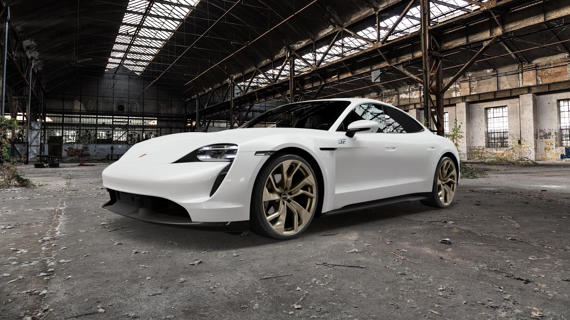 GMP Italia Rebel Metal Bronze Felge mit Reifen in 22Zoll Winterfelge Alufelge auf weissem Porsche Taycan Typ Y1A 0,0l 4S 140kW (190 PS) Turbo 142kW (193 S 113kW (154 ⬇️ mit 15mm Tieferlegung ⬇️ Old Industrial Hall_max5000mm_2022 Frontansicht_1