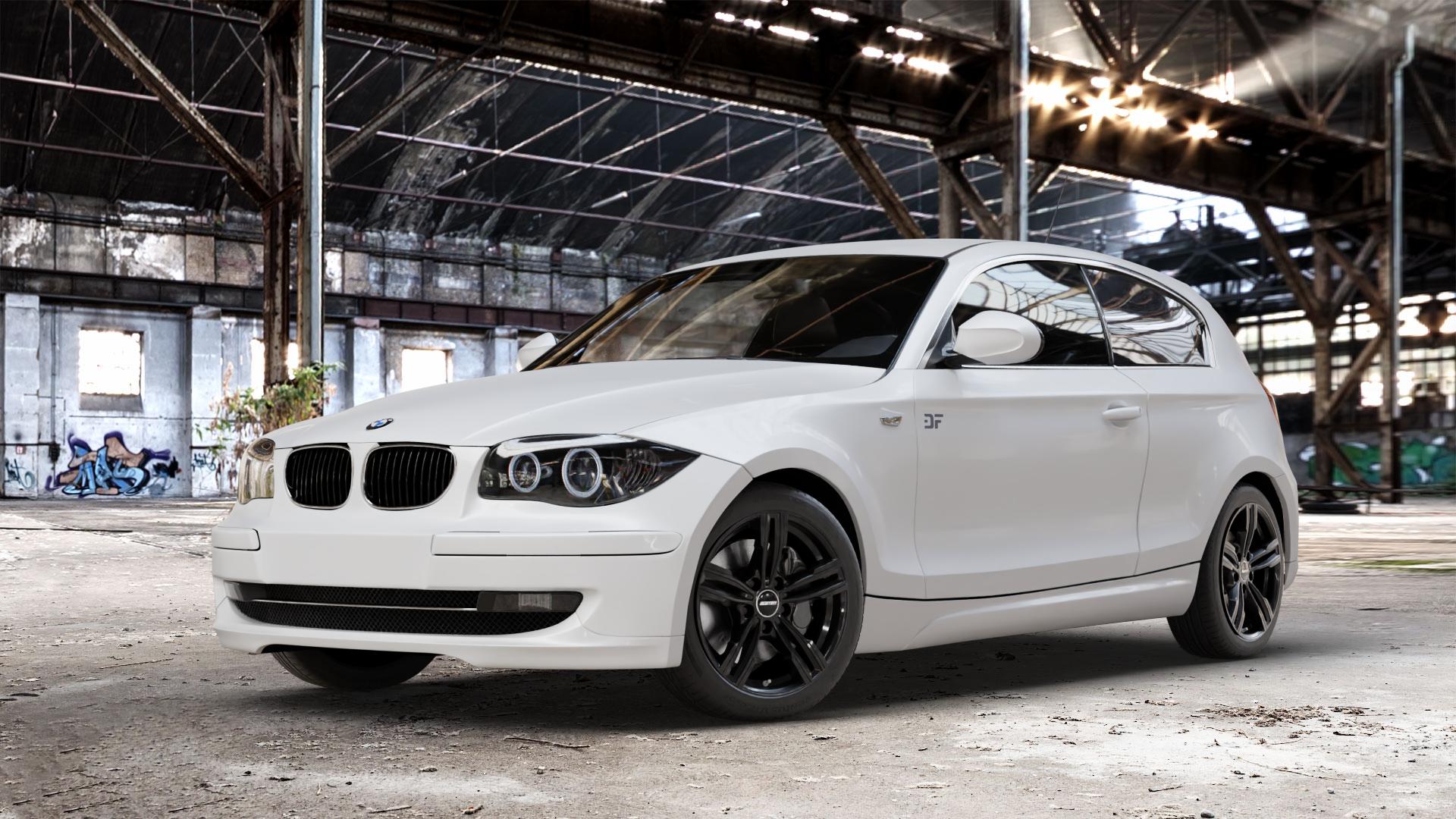 GMP Italia Reven Black shiny Felge mit Reifen schwarz in 17Zoll Winterfelge Alufelge auf weissem BMW 118d Typ E81 120d 116i 118i 120i 130i 123d 116d 1er Dreitürer (187, 1K2) ⬇️ mit 15mm Tieferlegung ⬇️ Old Industrial Hall_max_4400mm_2024 Frontansicht_1