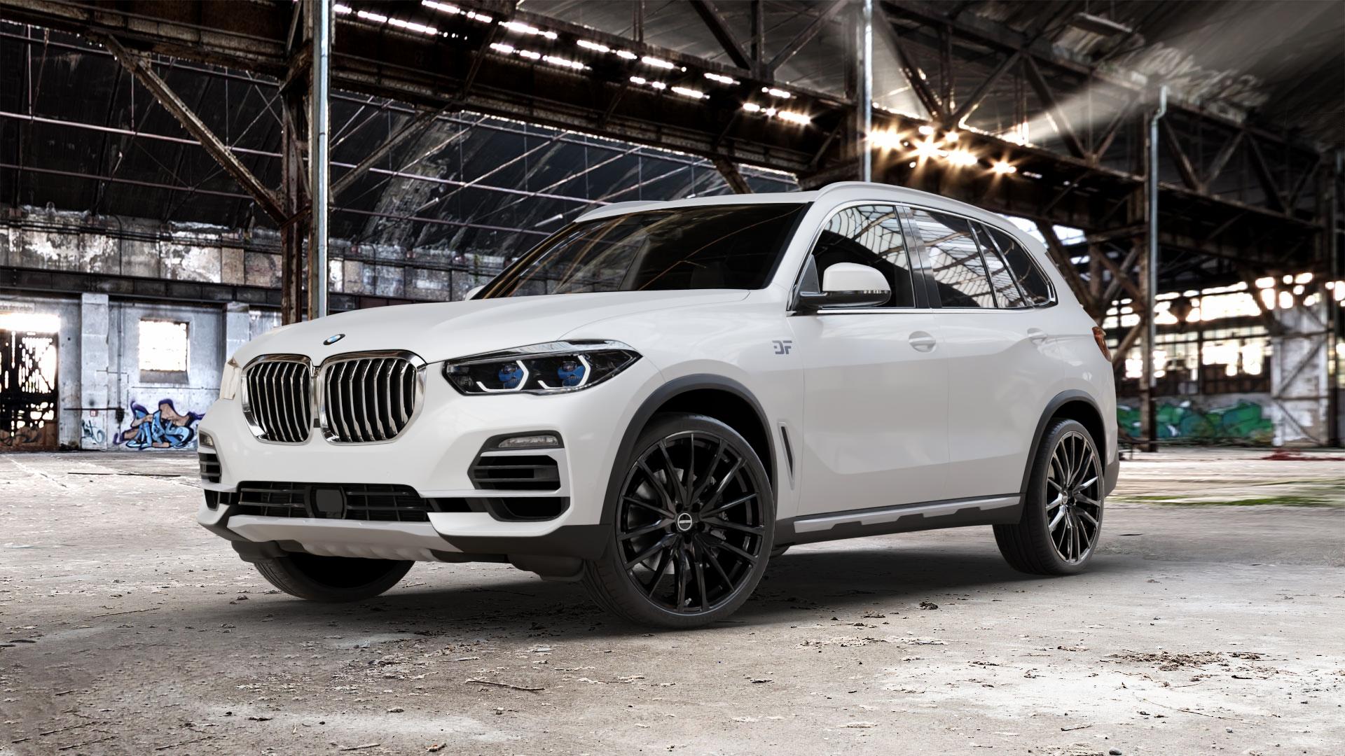 GMP Italia Sparta Black glossy Felge mit Reifen schwarz in 22Zoll Winterfelge Alufelge auf weissem BMW X5 Typ G05 (G5X) ⬇️ mit 15mm Tieferlegung ⬇️ Old Industrial Hall_max_5300mm_2024 Frontansicht_1