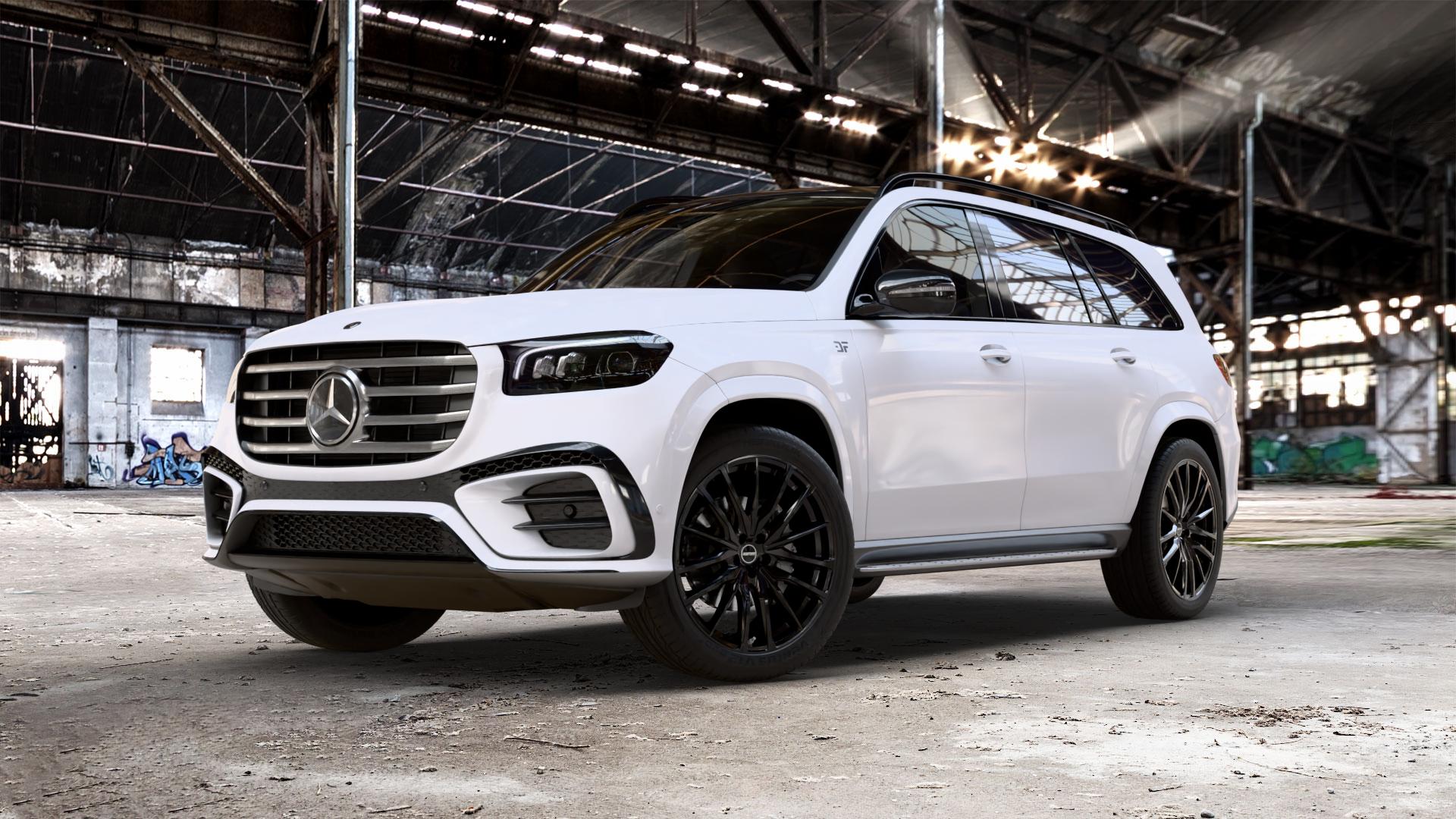 GMP Italia Sparta Black glossy Felge mit Reifen schwarz in 22Zoll Winterfelge Alufelge auf weissem Mercedes GLS-Klasse Typ 167 (H1GLE) Facelift ⬇️ mit 15mm Tieferlegung ⬇️ Old Industrial Hall_max_5300mm_2024 Frontansicht_1