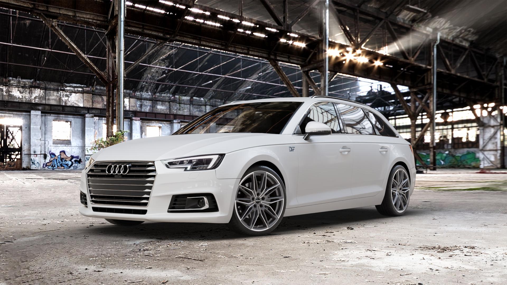 GMP Italia Specter Anthr. matt diamond Felge mit Reifen grau anthrazit in 19Zoll Winterfelge Alufelge auf weissem Audi A4 Typ B9 (Avant) ⬇️ mit 15mm Tieferlegung ⬇️ Old Industrial Hall_max_5300mm_2024 Frontansicht_1