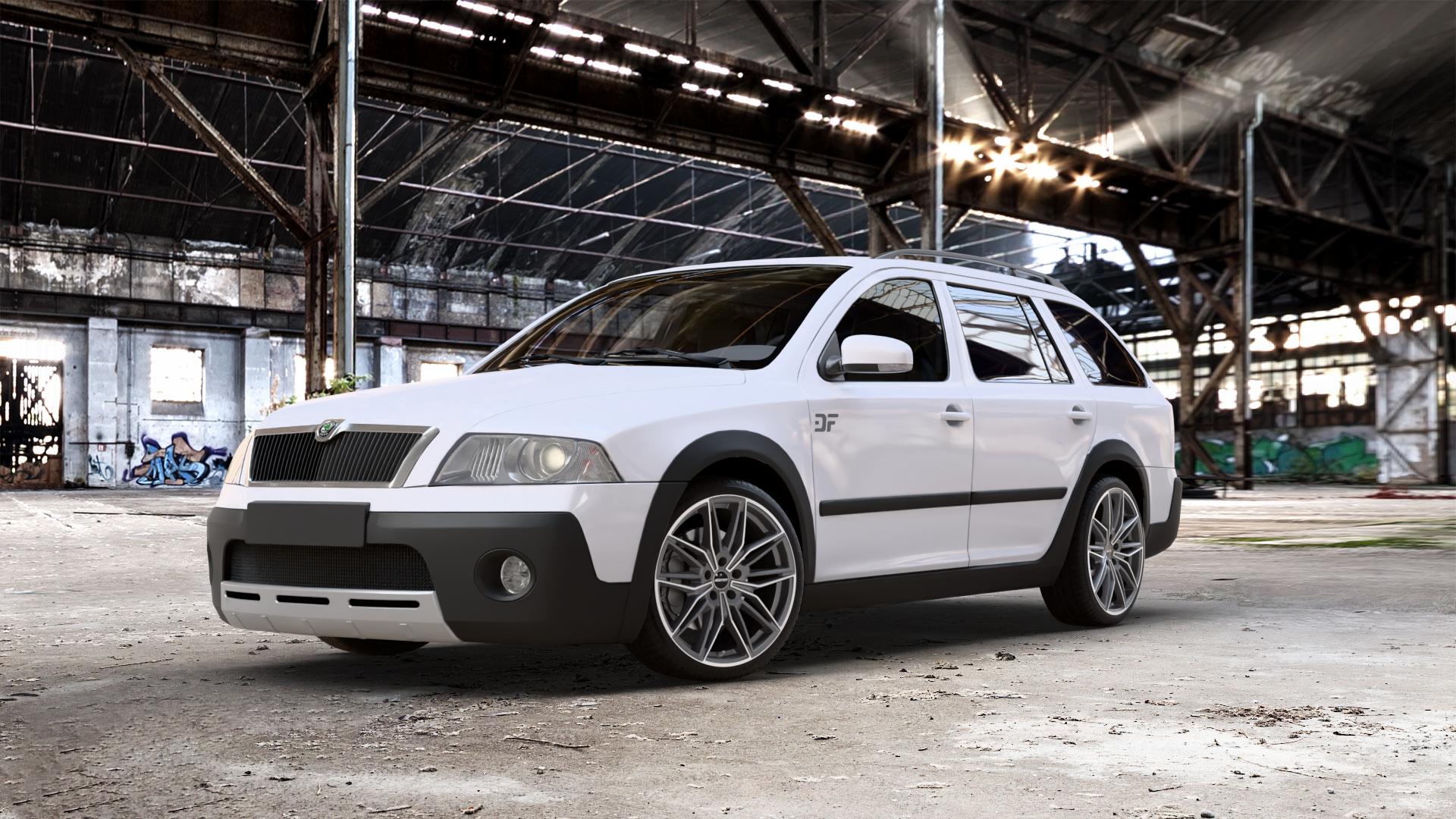 GMP Italia Specter Anthr. matt diamond Felge mit Reifen grau anthrazit in 19Zoll Winterfelge Alufelge auf weissem Skoda Octavia II Scout Typ 1Z ⬇️ mit 15mm Tieferlegung ⬇️ Old Industrial Hall_max_5300mm_2024 Frontansicht_1