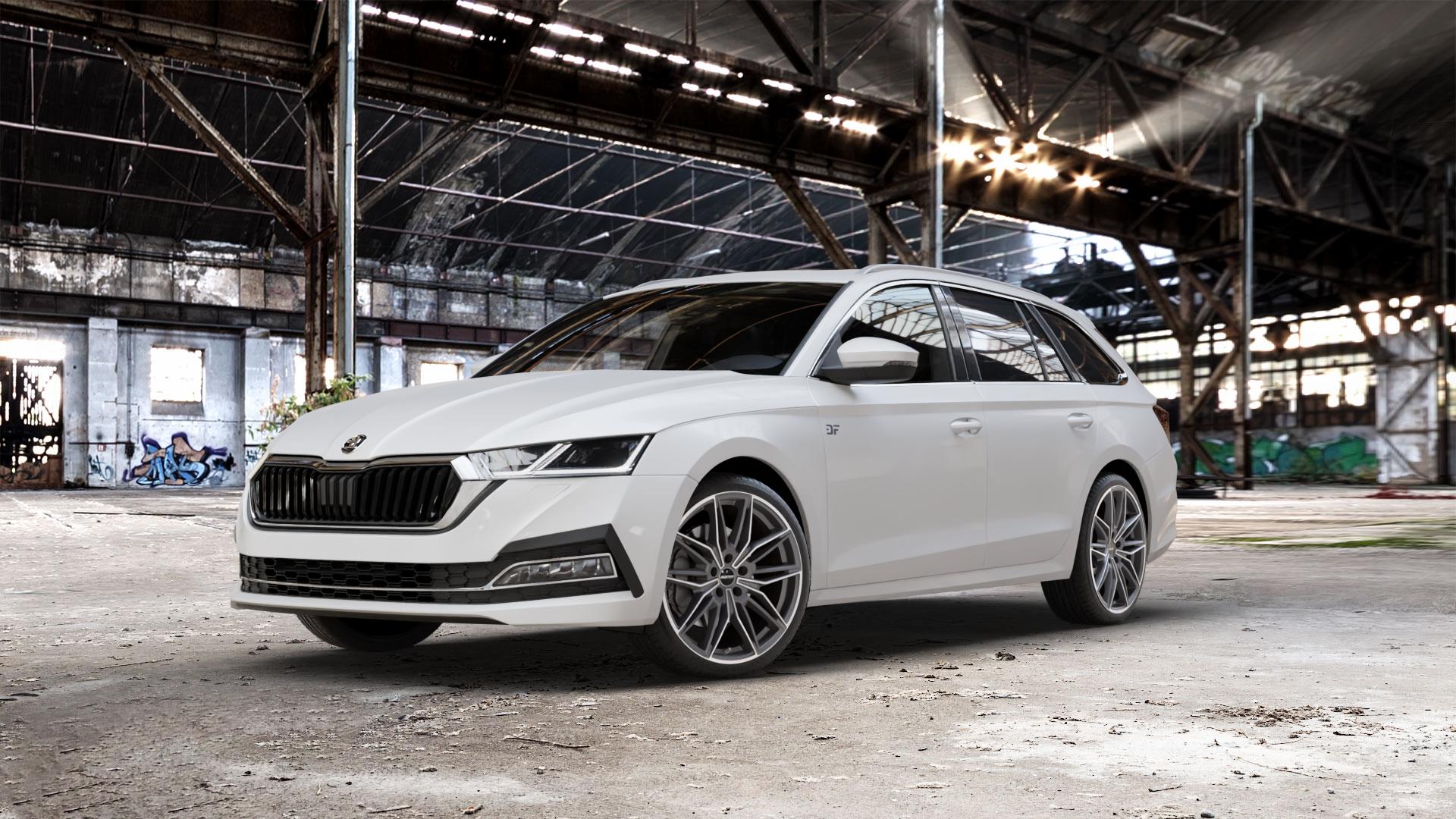 GMP Italia Specter Anthr. matt diamond Felge mit Reifen grau anthrazit in 19Zoll Winterfelge Alufelge auf weissem Skoda Octavia IV Kombi Typ NX ⬇️ mit 15mm Tieferlegung ⬇️ Old Industrial Hall_max_5300mm_2024 Frontansicht_1