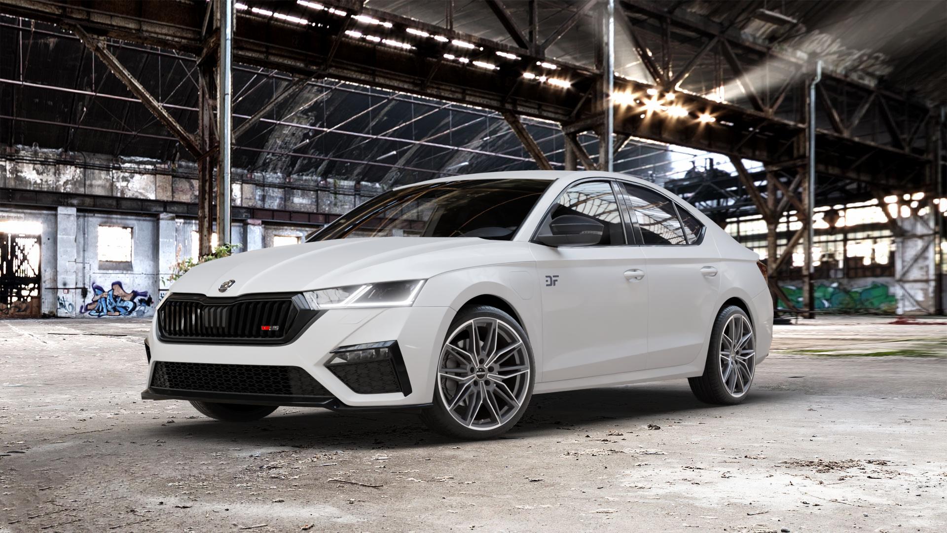 GMP Italia Specter Anthr. matt diamond Felge mit Reifen grau anthrazit in 19Zoll Winterfelge Alufelge auf weissem Skoda Octavia IV Limousine Typ NX 2,0l TDI 4x4 147kW (200 PS) TSI 180kW RS (245 1,4l 110kW Hybrid (150 ⬇️ mit 15mm Tieferlegung ⬇️ Old Industrial Hall_max_5300mm_2024 Frontansicht_1