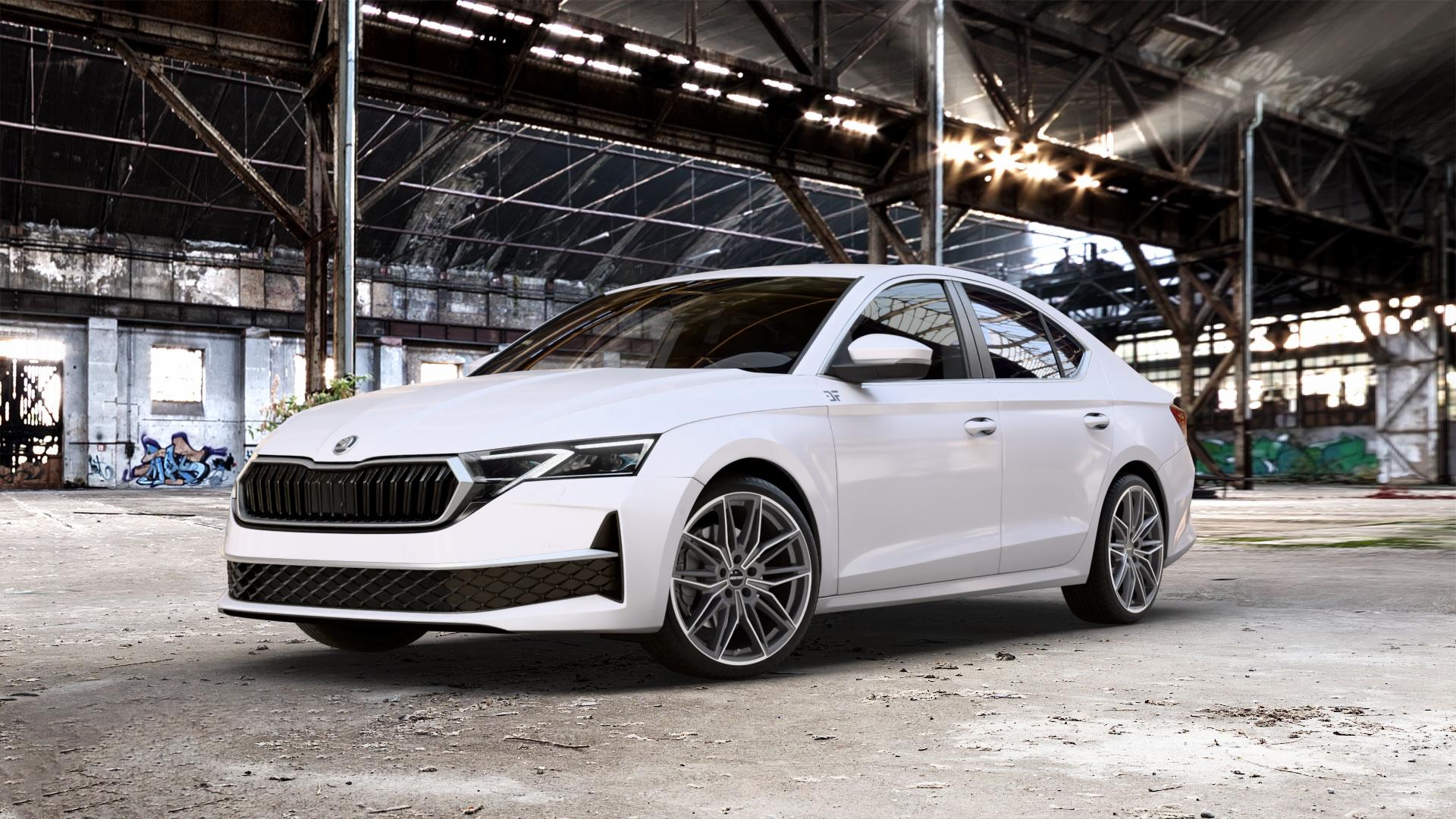 GMP Italia Specter Anthr. matt diamond Felge mit Reifen grau anthrazit in 19Zoll Winterfelge Alufelge auf weissem Skoda Octavia IV Limousine Typ NX Facelift 1,5l TSI 85kW Mild-Hybrid (116 PS) 110kW (150 2,0l TDI ⬇️ mit 15mm Tieferlegung ⬇️ Old Industrial Hall_max_5300mm_2024 Frontansicht_1