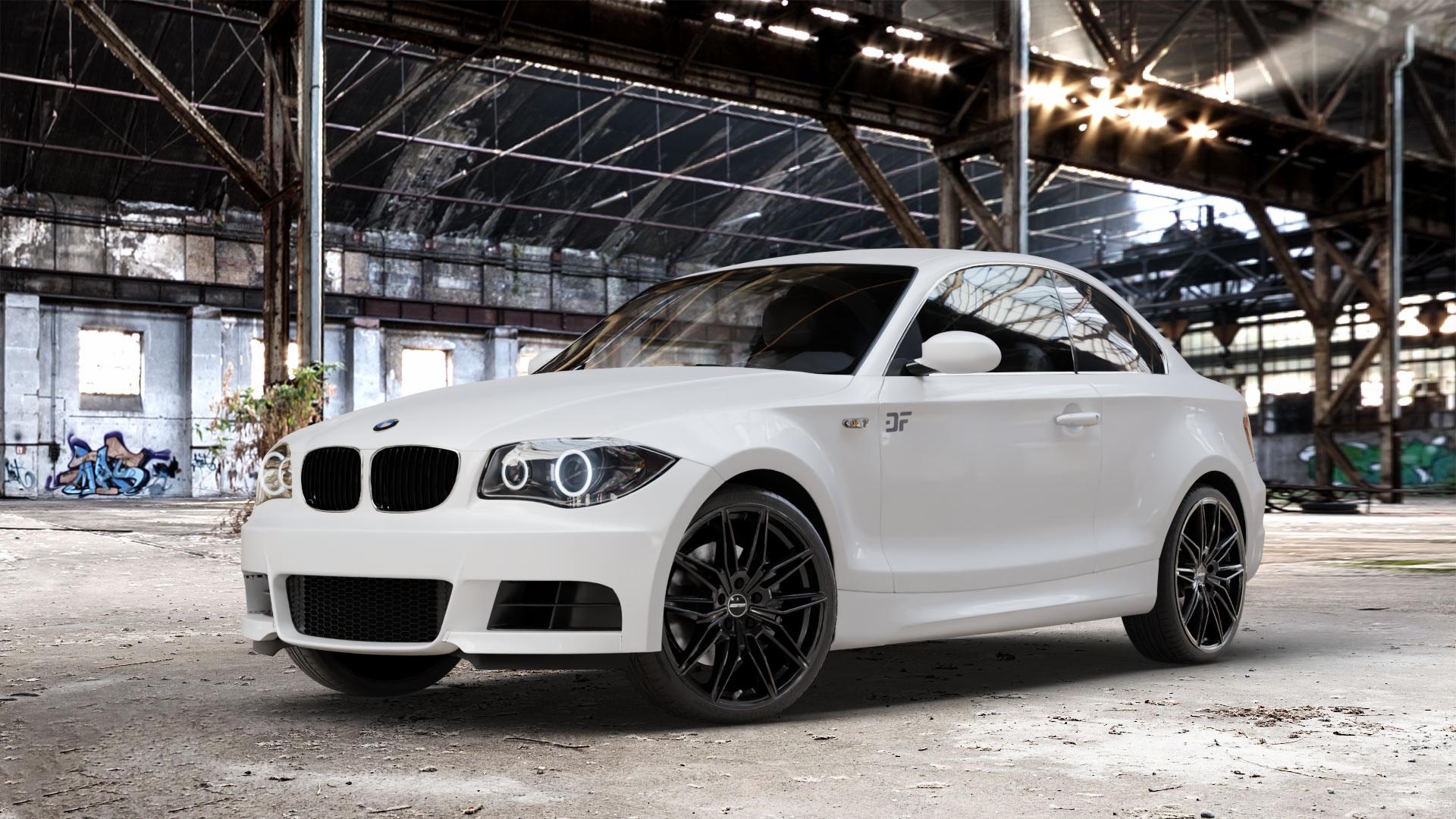 GMP Italia Specter Black glossy Felge mit Reifen schwarz in 19Zoll Winterfelge Alufelge auf weissem BMW 120d Typ E82 (Coupe) 123d 125i 135i 1M 118d 120i 1er Coupé (182, 1C) ⬇️ mit 15mm Tieferlegung ⬇️ Old Industrial Hall_max_4400mm_2024 Frontansicht_1