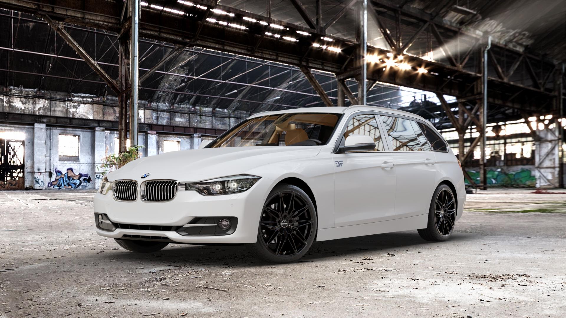 GMP Italia Specter Black glossy Felge mit Reifen schwarz in 19Zoll Winterfelge Alufelge auf weissem BMW 320i Typ F31 (Touring) 328i 316d 318d 320d 316i EffDyn Edition 325d 335i xDrive 335d ⬇️ mit 15mm Tieferlegung ⬇️ Old Industrial Hall_max_5300mm_2024 Frontansicht_1