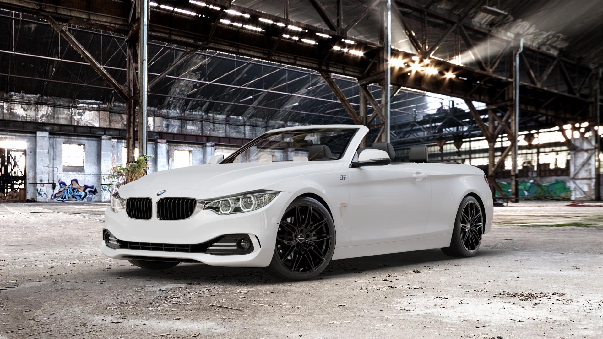 GMP Italia Specter Black glossy Felge mit Reifen schwarz in 19Zoll Winterfelge Alufelge auf weissem BMW 428i Typ F33 (Cabrio) 435i 420d xDrive 420i 425d 430d 435d 430i 440i 4er Cabrio (3C) ⬇️ mit 15mm Tieferlegung ⬇️ Old Industrial Hall_max_5300mm_2024 Frontansicht_1