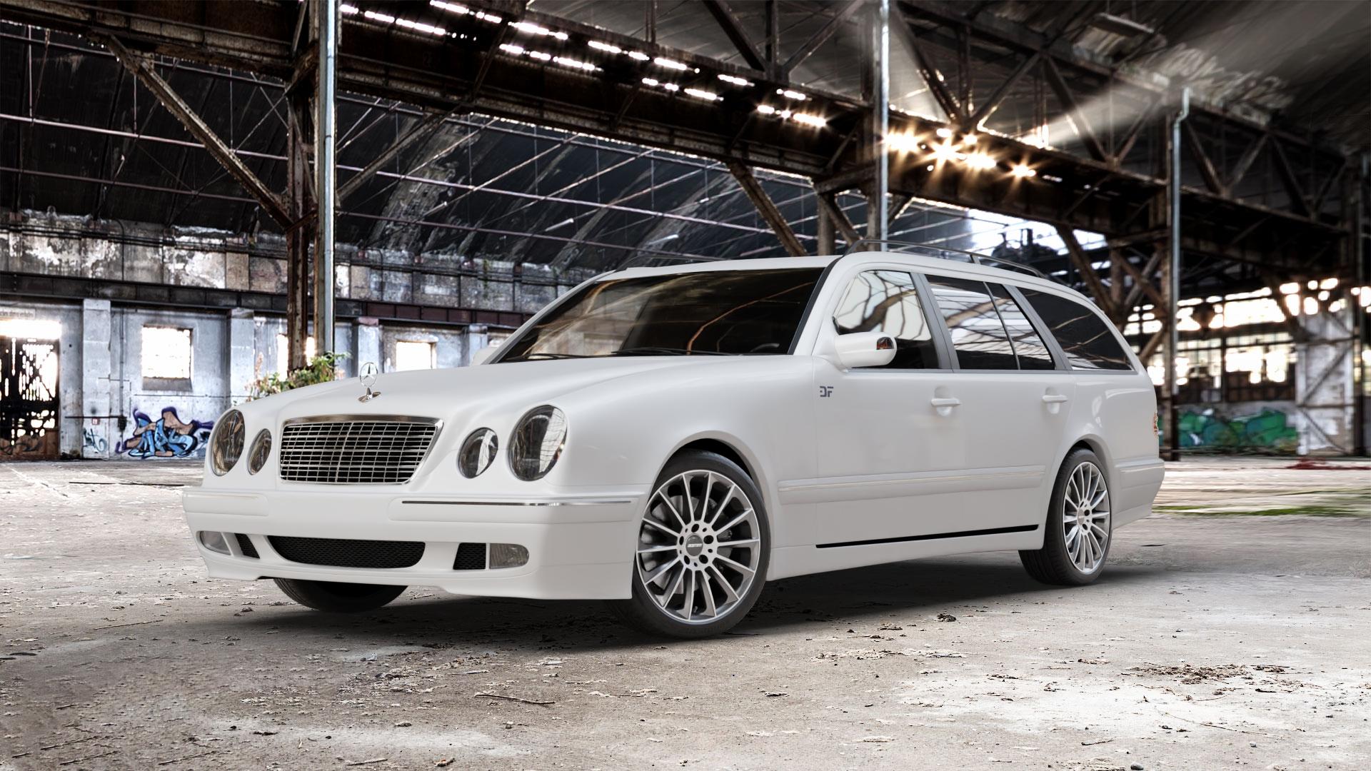 GMP Italia Stellar Anthr. diamond Felge mit Reifen grau anthrazit in 18Zoll Winterfelge Alufelge auf weissem Mercedes E-Klasse Typ S210 Kombi ⬇️ mit 15mm Tieferlegung ⬇️ Old Industrial Hall_max_5300mm_2024 Frontansicht_1