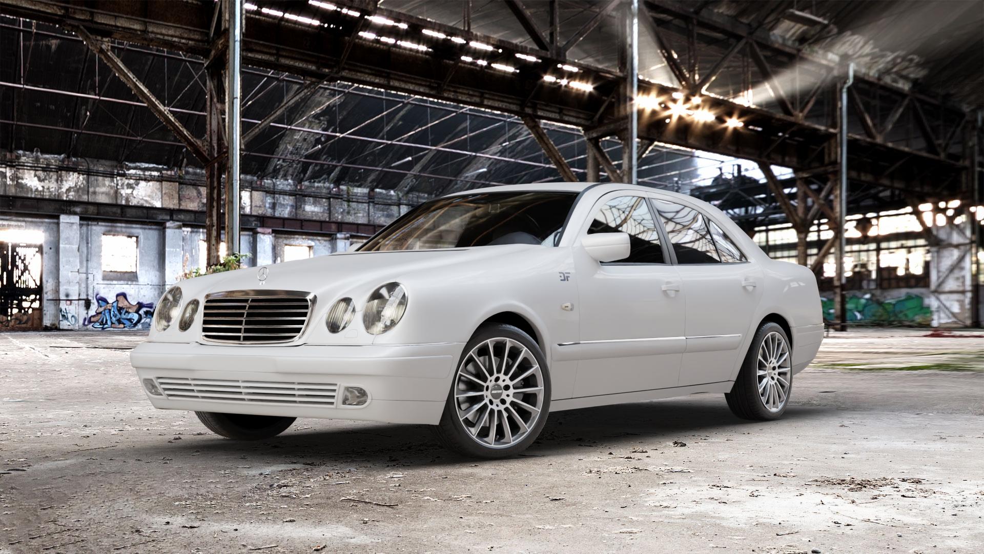 GMP Italia Stellar Anthr. diamond Felge mit Reifen grau anthrazit in 18Zoll Winterfelge Alufelge auf weissem Mercedes E-Klasse Typ W210 Limousine ⬇️ mit 15mm Tieferlegung ⬇️ Old Industrial Hall_max_5300mm_2024 Frontansicht_1