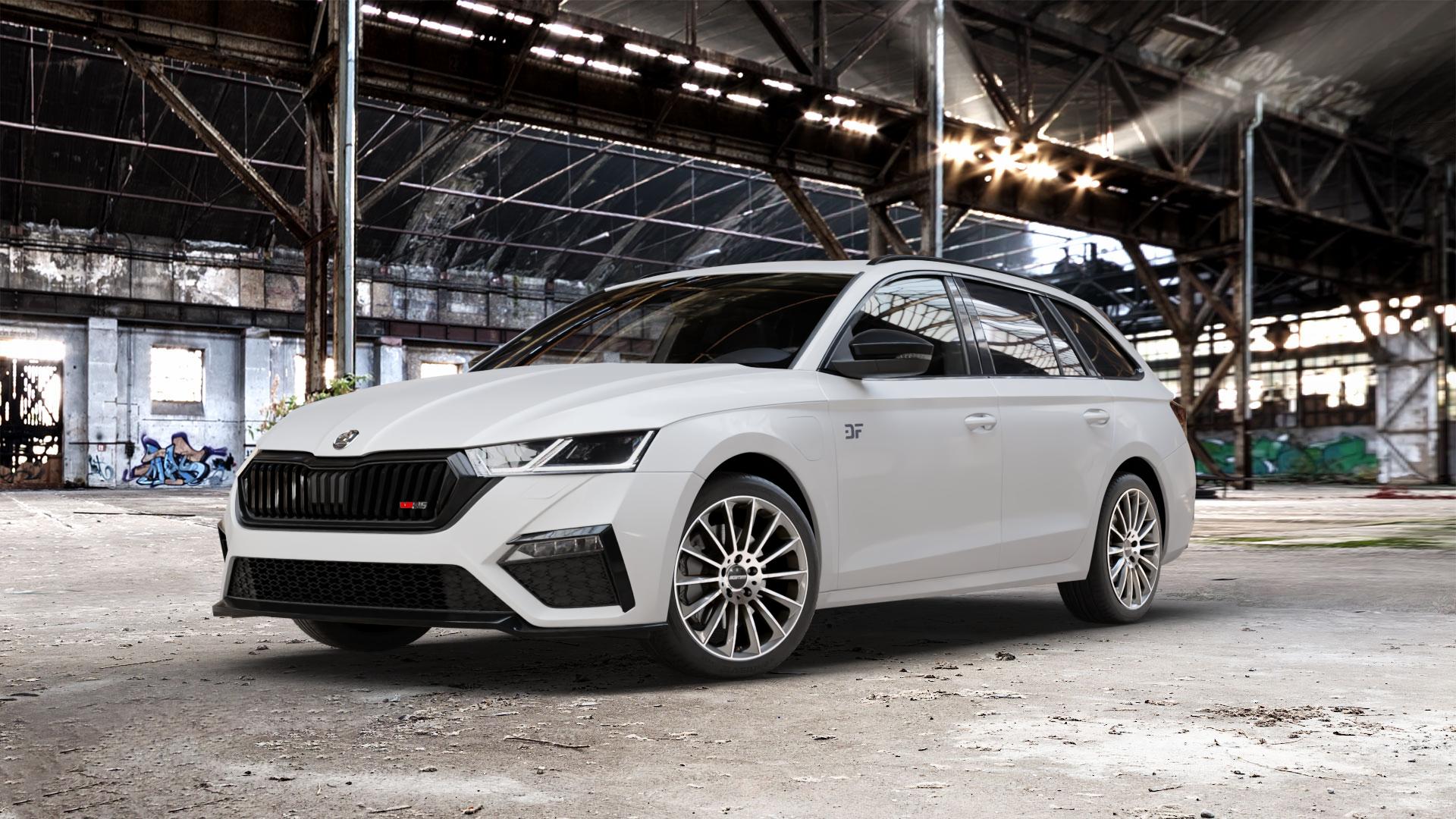 GMP Italia Stellar Anthr. diamond Felge mit Reifen grau anthrazit in 18Zoll Winterfelge Alufelge auf weissem Skoda Octavia IV Kombi Typ NX 2,0l TDI 4x4 147kW (200 PS) 1,4l TSI 110kW Hybrid RS (150 180kW (245 ⬇️ mit 15mm Tieferlegung ⬇️ Old Industrial Hall_max_5300mm_2024 Frontansicht_1