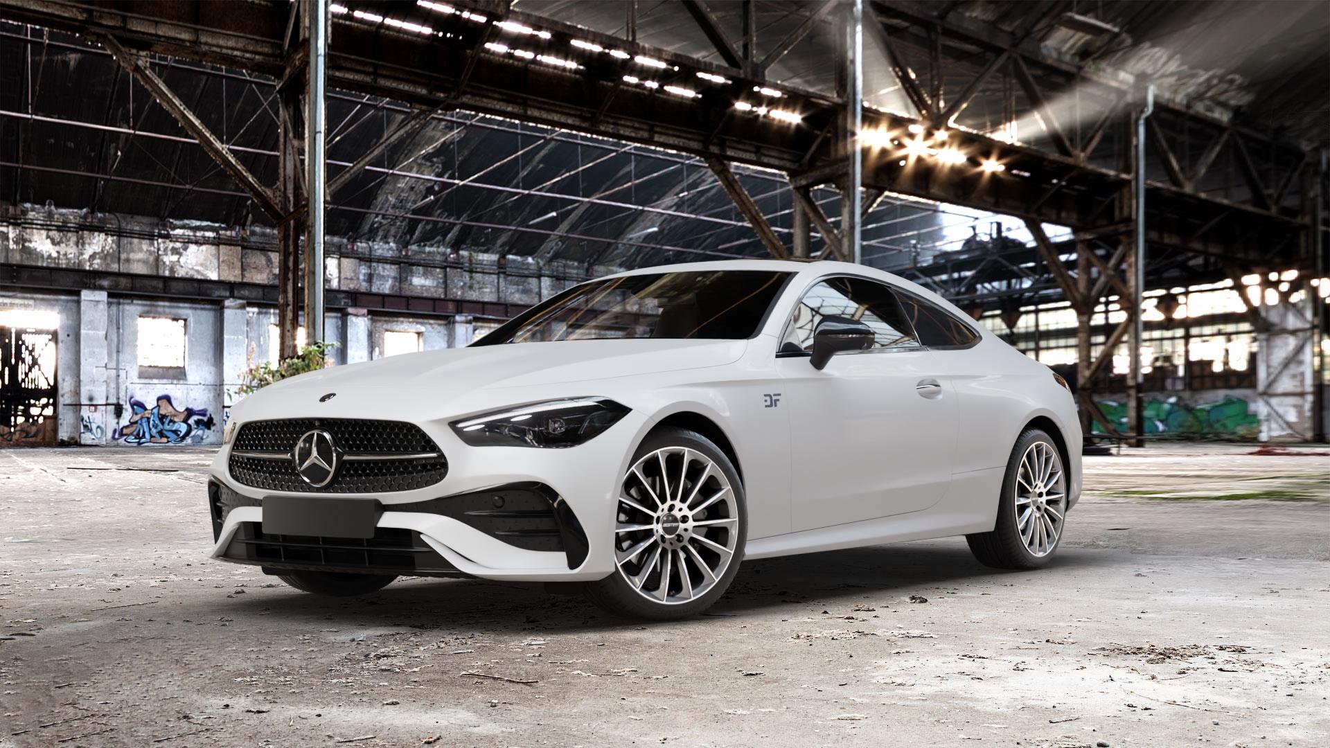 GMP Italia Stellar Anthr. diamond Felge mit Reifen grau anthrazit in 19Zoll Winterfelge Alufelge auf weissem Mercedes CLE Typ C236 Coupe ⬇️ mit 15mm Tieferlegung ⬇️ Old Industrial Hall_max_5300mm_2024 Frontansicht_1