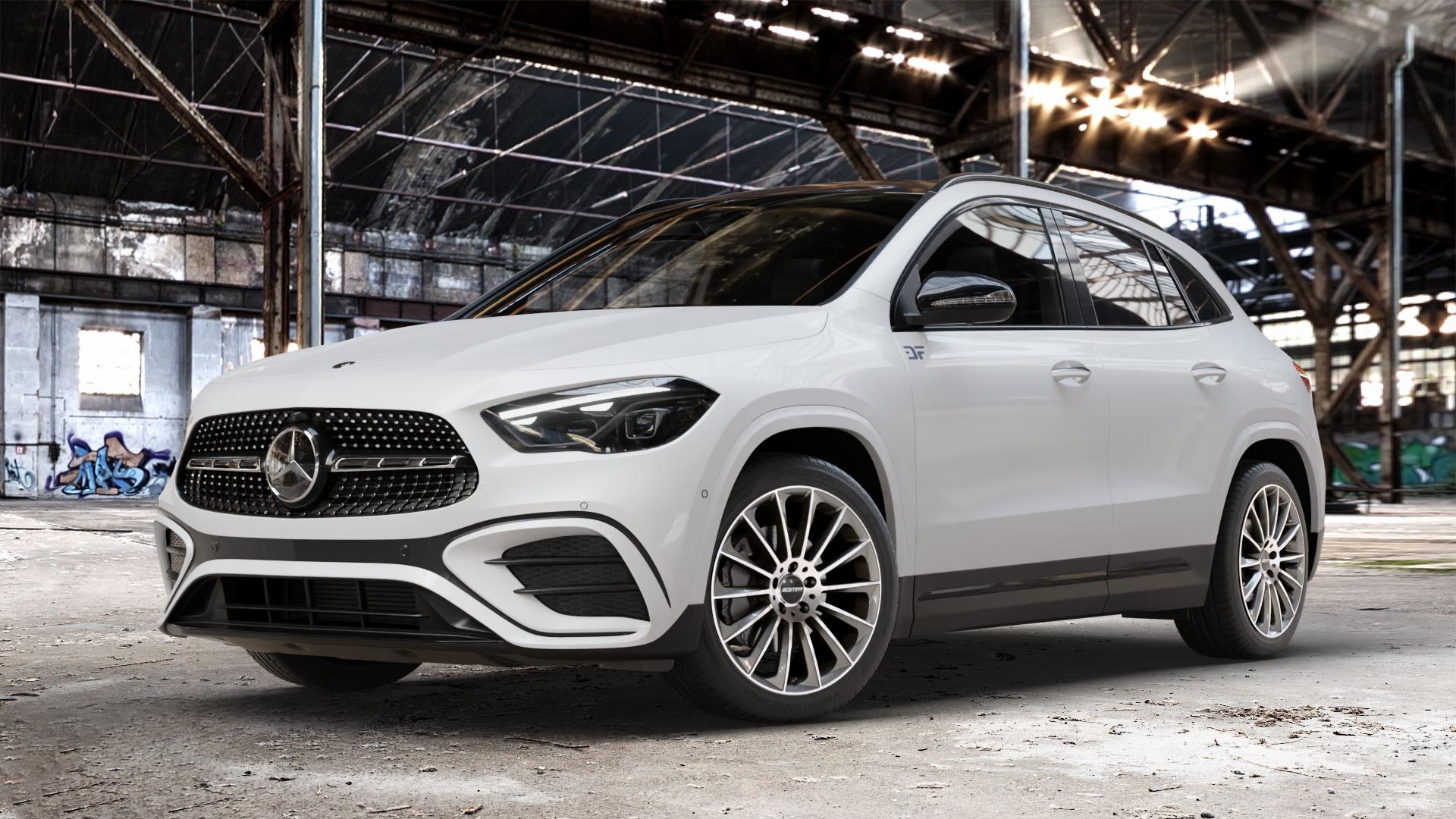 GMP Italia Stellar Anthr. diamond Felge mit Reifen grau anthrazit in 19Zoll Winterfelge Alufelge auf weissem Mercedes GLA-Klasse Typ F2B Facelift ⬇️ mit 15mm Tieferlegung ⬇️ Old Industrial Hall_max_4400mm_2024 Frontansicht_1