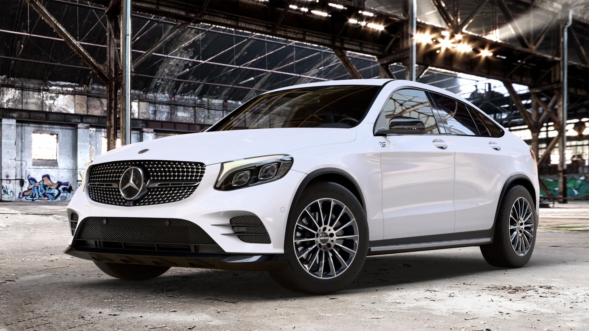 GMP Italia Stellar Black diamond Felge mit Reifen schwarz in 18Zoll Winterfelge Alufelge auf weissem Mercedes GLC-Klasse Coupe Typ C253 ⬇️ mit 15mm Tieferlegung ⬇️ Old Industrial Hall_max_4400mm_2024 Frontansicht_1