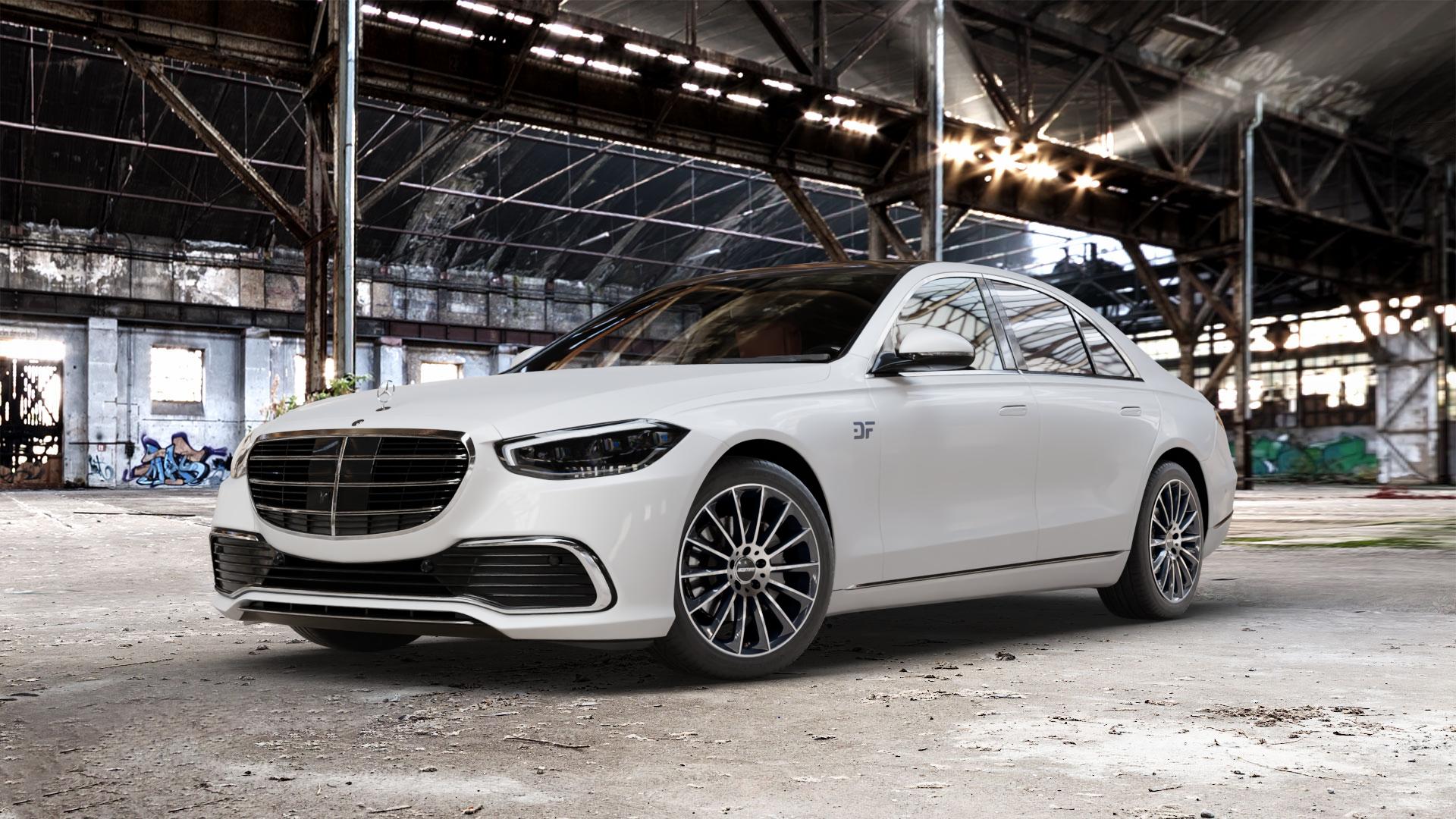 GMP Italia Stellar Black diamond Felge mit Reifen schwarz in 19Zoll Winterfelge Alufelge auf weissem Mercedes S-Klasse Typ W223 (R2S) ⬇️ mit 15mm Tieferlegung ⬇️ Old Industrial Hall_max_5300mm_2024 Frontansicht_1