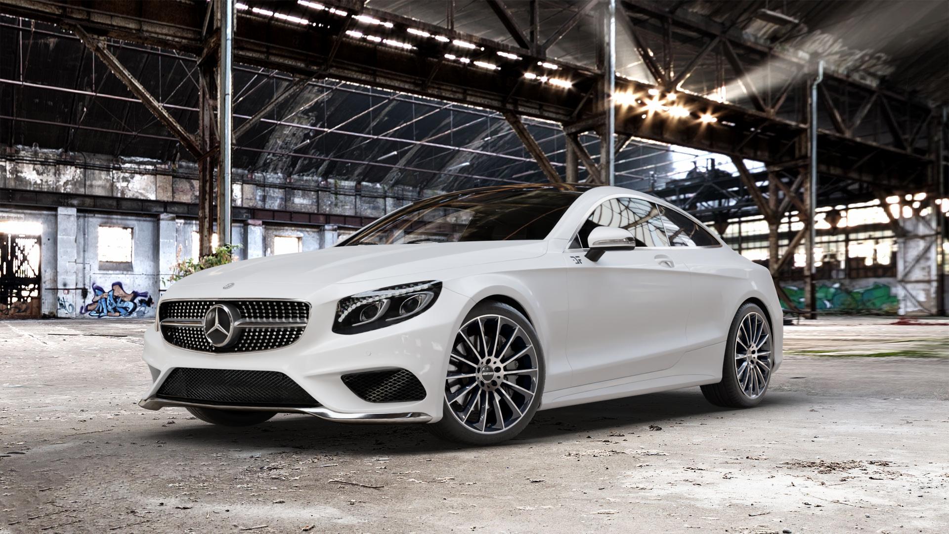 GMP Italia Stellar Black diamond Felge mit Reifen schwarz in 20Zoll Winterfelge Alufelge auf weissem Mercedes S-Klasse Typ C217 Facelift Coupe ⬇️ mit 15mm Tieferlegung ⬇️ Old Industrial Hall_max_5300mm_2024 Frontansicht_1