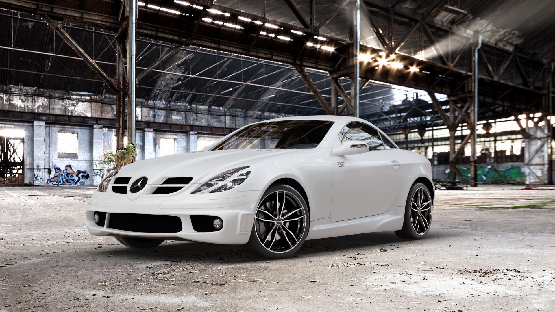 GMP Italia SWAN Black diamond Felge mit Reifen schwarz in 18Zoll Winterfelge Alufelge auf weissem Mercedes SLK Typ R171 ⬇️ mit 15mm Tieferlegung ⬇️ Old Industrial Hall_max_5300mm_2024 Frontansicht_1