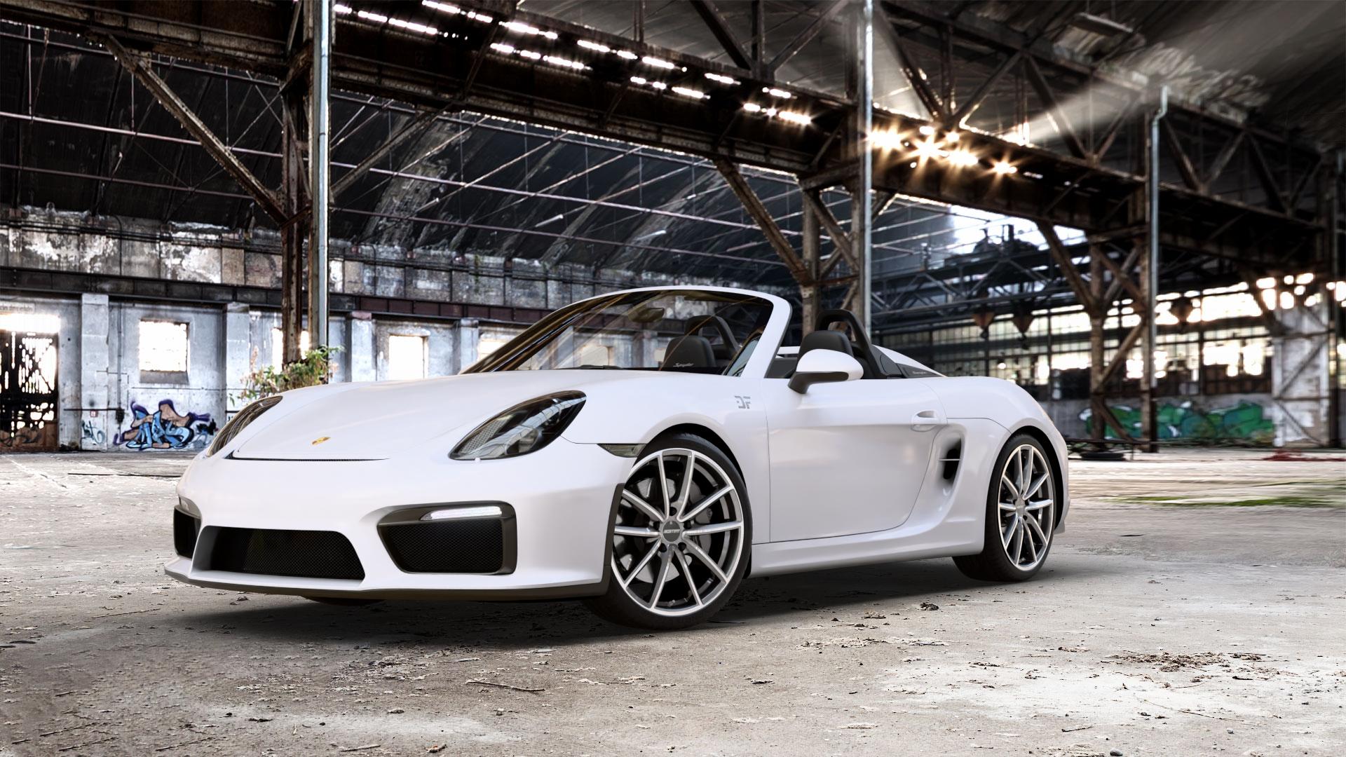 GMP Italia Titan Anthr. diamond Felge mit Reifen grau anthrazit in 20Zoll Winterfelge Alufelge auf weissem Porsche Boxster Typ 981 Spyder ⬇️ mit 15mm Tieferlegung ⬇️ Old Industrial Hall_max_5300mm_2024 Frontansicht_1