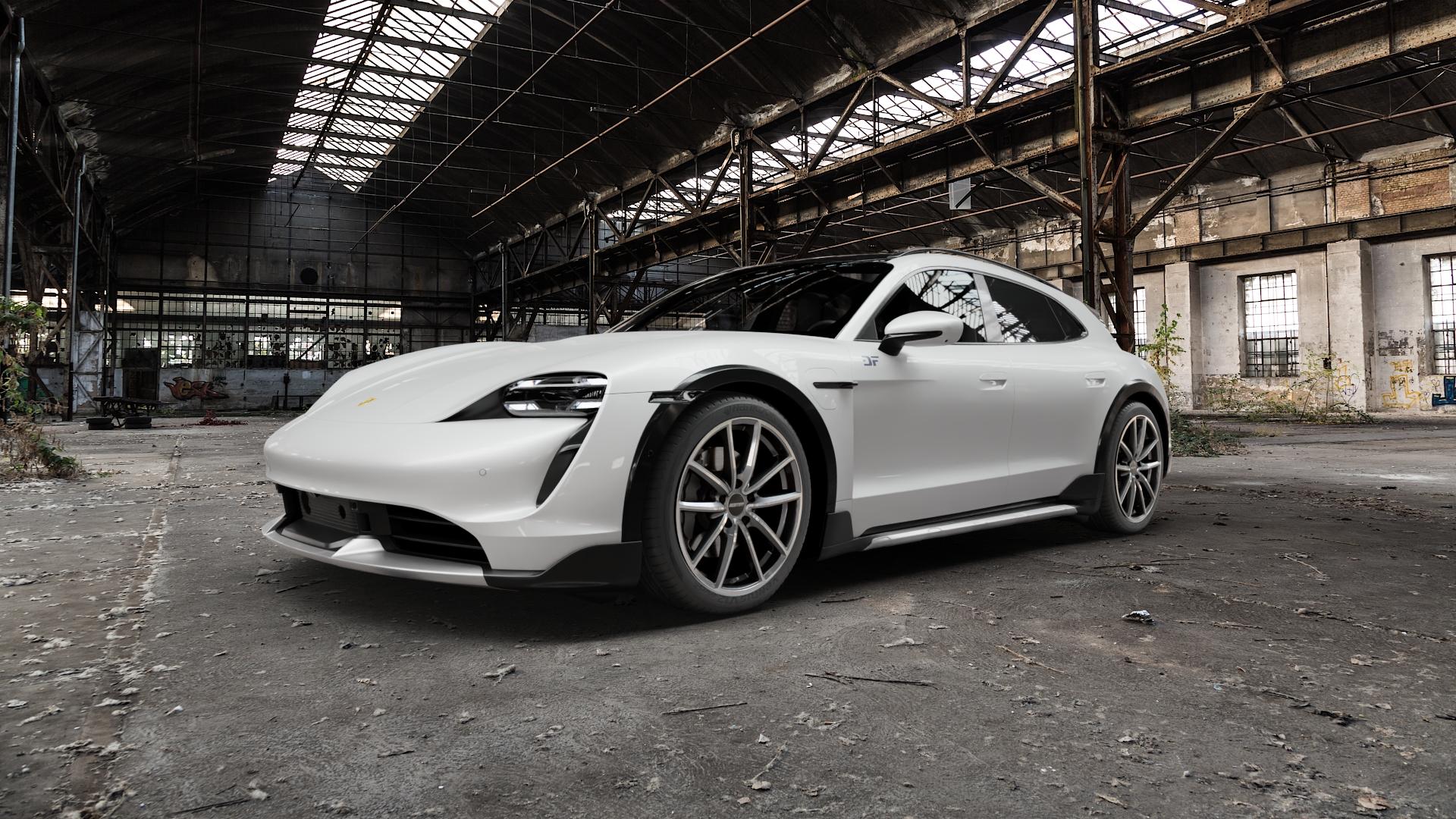 GMP Italia Titan Anthr. diamond Felge mit Reifen grau anthrazit in 20Zoll Winterfelge Alufelge auf weissem Porsche Taycan Cross Turismo Typ Y1A ⬇️ mit 15mm Tieferlegung ⬇️ Old Industrial Hall_max5000mm_2022 Frontansicht_1
