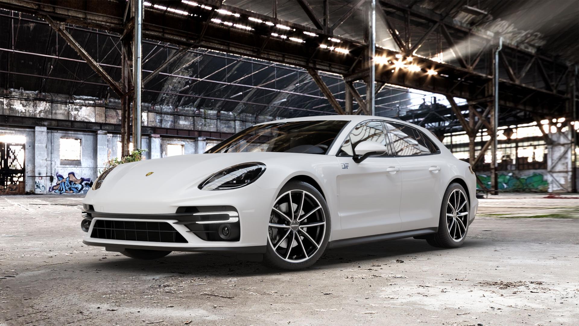 GMP Italia Titan Black Diamond Felge mit Reifen schwarz in 20Zoll Winterfelge Alufelge auf weissem Porsche Panamera Sport Turismo Typ 971 Facelift ⬇️ mit 15mm Tieferlegung ⬇️ Old Industrial Hall_max_5300mm_2024 Frontansicht_1