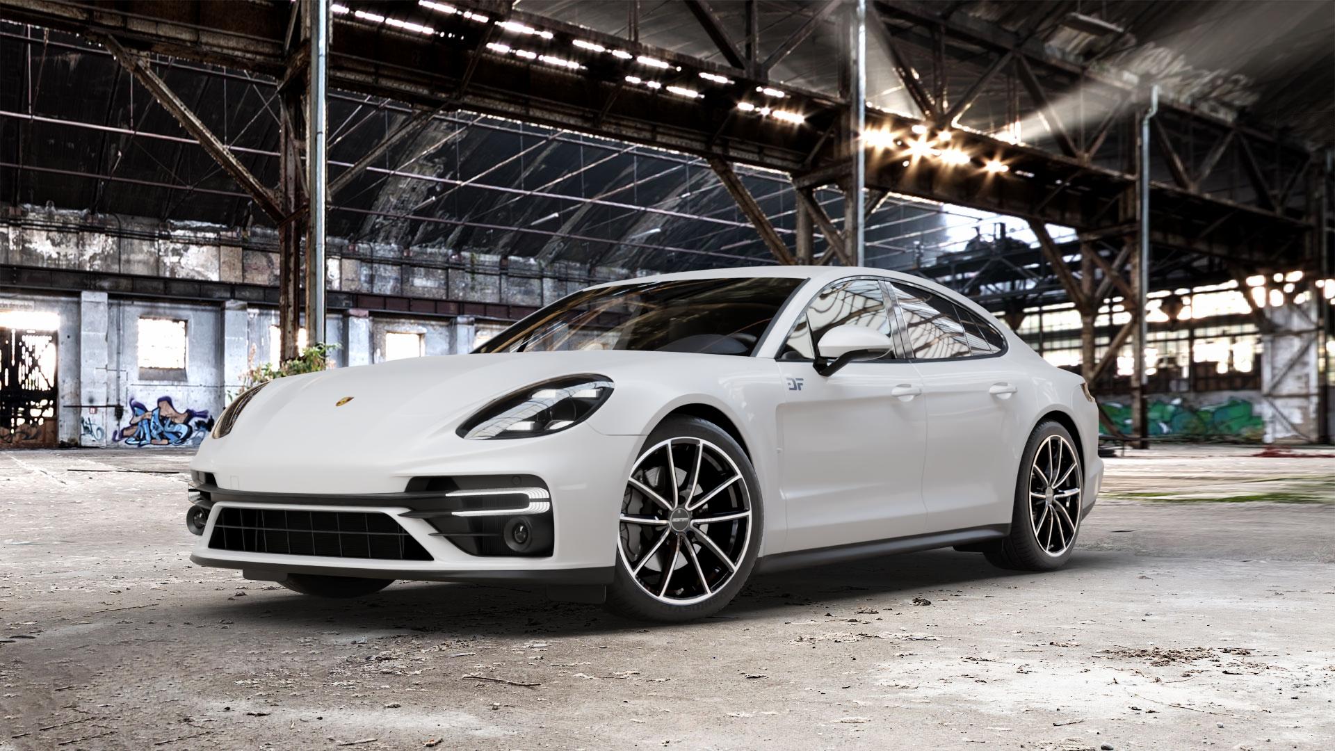 GMP Italia Titan Black Diamond Felge mit Reifen schwarz in 20Zoll Winterfelge Alufelge auf weissem Porsche Panamera Typ 971 Facelift ⬇️ mit 15mm Tieferlegung ⬇️ Old Industrial Hall_max_5300mm_2024 Frontansicht_1