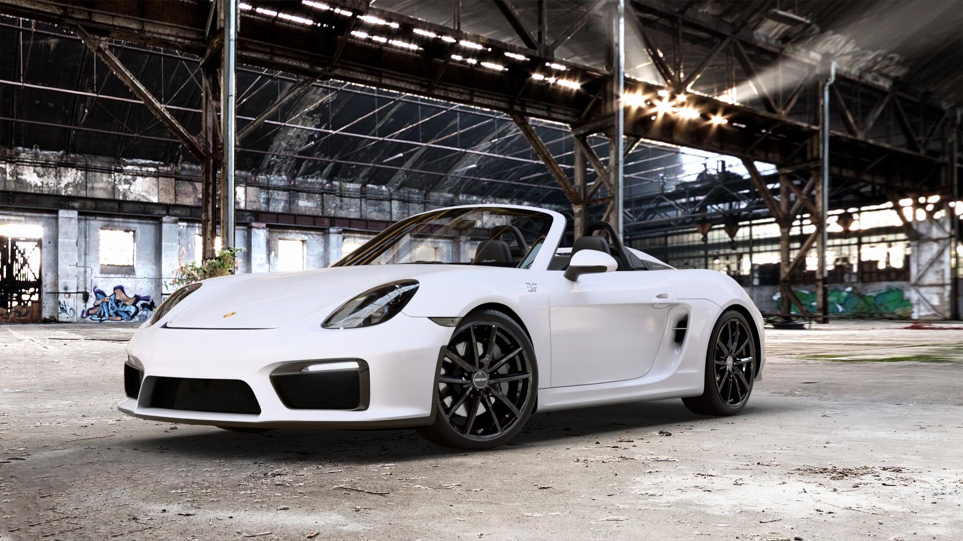 GMP Italia Titan Black glossy Felge mit Reifen schwarz in 20Zoll Winterfelge Alufelge auf weissem Porsche Boxster Typ 981 Spyder ⬇️ mit 15mm Tieferlegung ⬇️ Old Industrial Hall_max_5300mm_2024 Frontansicht_1
