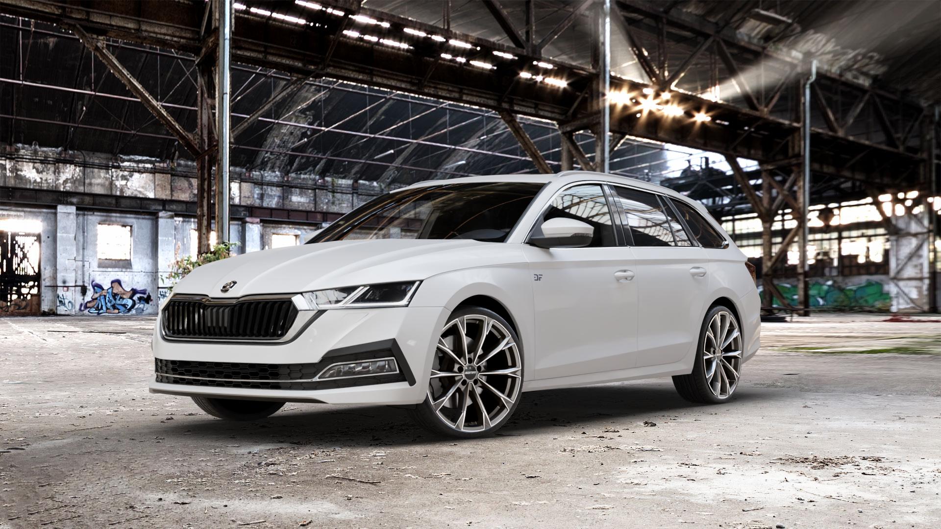 GMP Italia TOTALE Anthr. matt diamond Felge mit Reifen grau anthrazit in 20Zoll Winterfelge Alufelge auf weissem Skoda Octavia IV Kombi Typ NX ⬇️ mit 15mm Tieferlegung ⬇️ Old Industrial Hall_max_5300mm_2024 Frontansicht_1