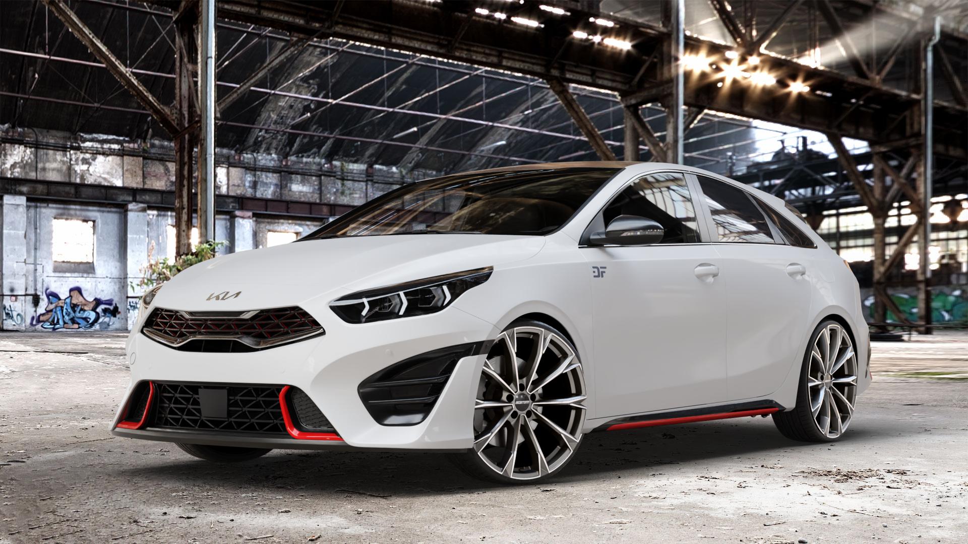 GMP Italia TOTALE Anthr. matt diamond Felge mit Reifen grau anthrazit in 21Zoll Winterfelge Alufelge auf weissem Kia ProCeed Typ CD Facelift Pro Cee d ⬇️ mit 15mm Tieferlegung ⬇️ Old Industrial Hall_max_4400mm_2024 Frontansicht_1