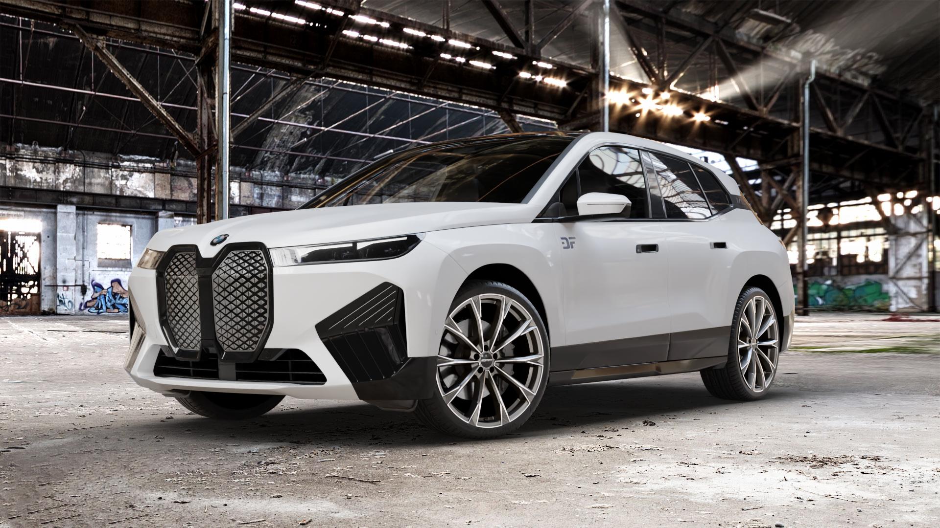 GMP Italia TOTALE Anthr. matt diamond Felge mit Reifen grau anthrazit in 23Zoll Winterfelge Alufelge auf weissem BMW iX (BMWi-N) 0,0l M60 140kW (190 PS) ⬇️ mit 15mm Tieferlegung ⬇️ Old Industrial Hall_max_5300mm_2024 Frontansicht_1