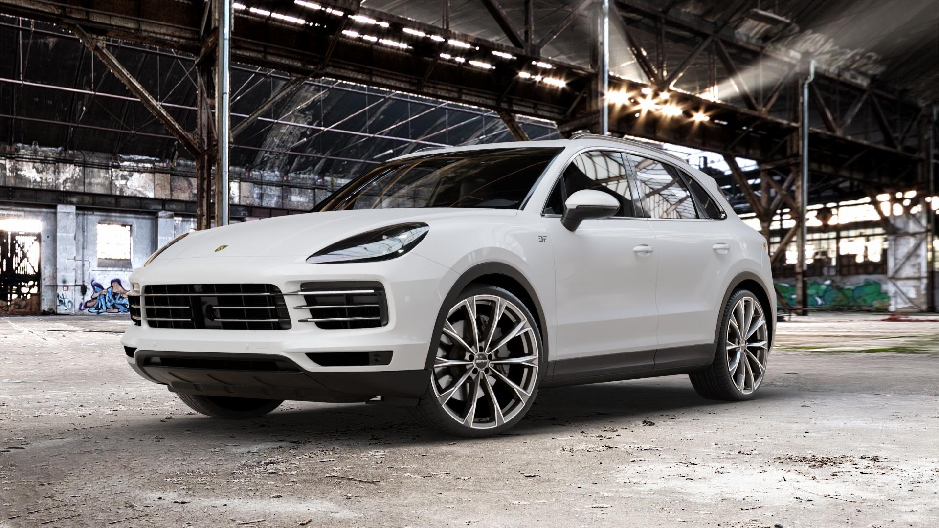 GMP Italia TOTALE Anthr. matt diamond Felge mit Reifen grau anthrazit in 23Zoll Winterfelge Alufelge auf weissem Porsche Cayenne III Typ 9YA ⬇️ mit 15mm Tieferlegung ⬇️ Old Industrial Hall_max_5300mm_2024 Frontansicht_1