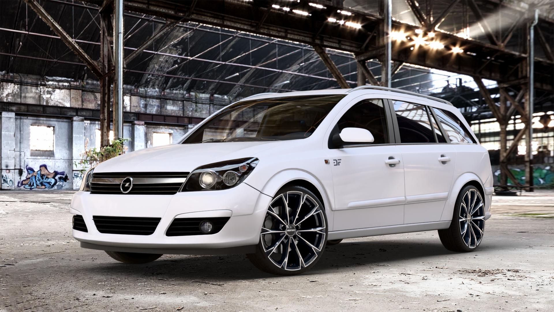 GMP Italia TOTALE Black Diamond Felge mit Reifen schwarz in 19Zoll Winterfelge Alufelge auf weissem Opel Astra H Typ A-H Caravan A-H/SW ⬇️ mit 15mm Tieferlegung ⬇️ Old Industrial Hall_max_4400mm_2024 Frontansicht_1