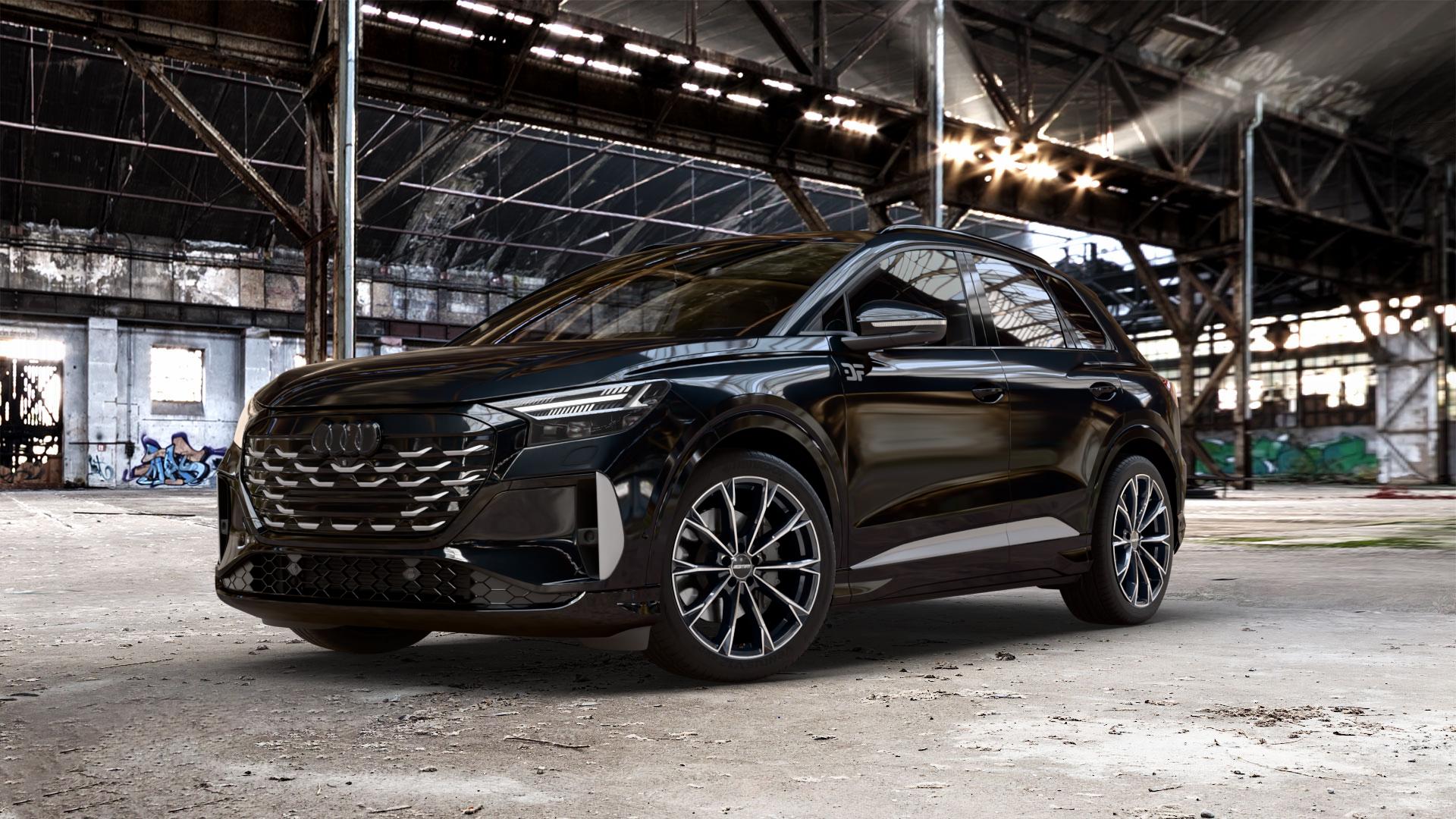 GMP Italia TOTALE Black Diamond Felge mit Reifen schwarz in 20Zoll Winterfelge Alufelge auf metallic schwarzem Audi Q4 e-tron Facelift Typ FZ ⬇️ mit 15mm Tieferlegung ⬇️ Old Industrial Hall_max_5300mm_2024 Frontansicht_1