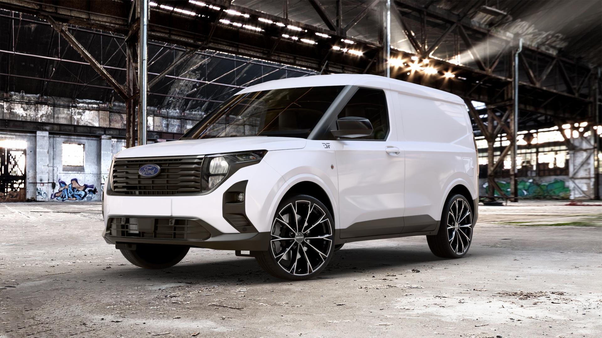 GMP Italia TOTALE Black Diamond Felge mit Reifen schwarz in 20Zoll Winterfelge Alufelge auf weissem Ford Transit Courier Typ N3P 1,0l EcoBoost 92kW (125 PS) 74kW (101 1,5l EcoBlue 73kW (99 ⬇️ mit 15mm Tieferlegung ⬇️ Old Industrial Hall_max_5300mm_2024 Frontansicht_1