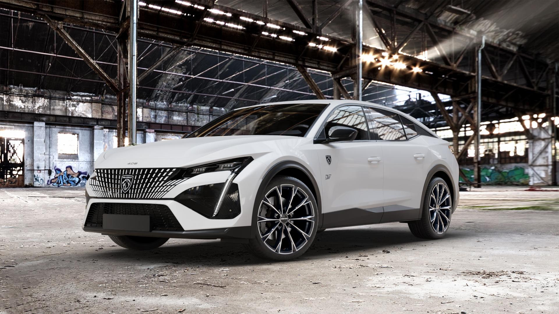 GMP Italia TOTALE Black Diamond Felge mit Reifen schwarz in 20Zoll Winterfelge Alufelge auf weissem Peugeot 408 Typ F ⬇️ mit 15mm Tieferlegung ⬇️ Old Industrial Hall_max_5300mm_2024 Frontansicht_1
