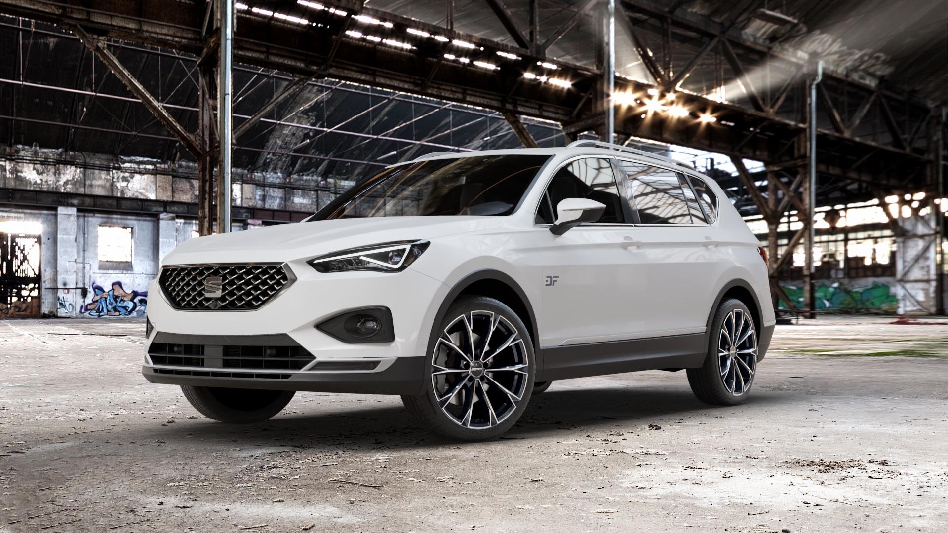 GMP Italia TOTALE Black Diamond Felge mit Reifen schwarz in 20Zoll Winterfelge Alufelge auf weissem Seat Tarraco Typ KN ⬇️ mit 15mm Tieferlegung ⬇️ Old Industrial Hall_max_5300mm_2024 Frontansicht_1