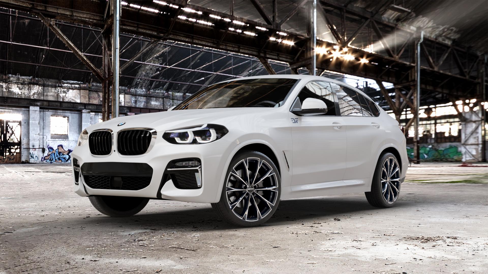 GMP Italia TOTALE Black Diamond Felge mit Reifen schwarz in 21Zoll Winterfelge Alufelge auf weissem BMW X4 Typ G02 (G4X) ⬇️ mit 15mm Tieferlegung ⬇️ Old Industrial Hall_max_5300mm_2024 Frontansicht_1