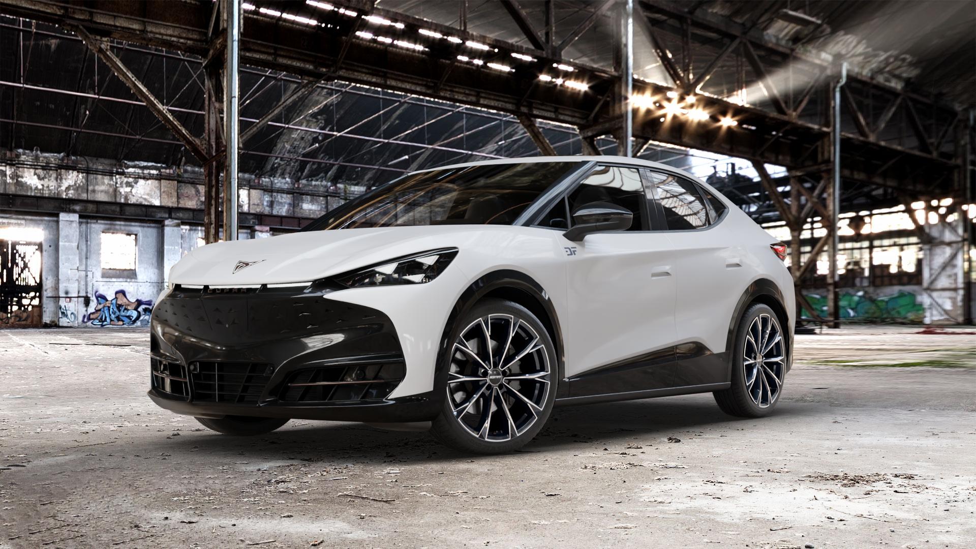 GMP Italia TOTALE Black Diamond Felge mit Reifen schwarz in 21Zoll Winterfelge Alufelge auf weissem Cupra Tavascan Typ KR ⬇️ mit 15mm Tieferlegung ⬇️ Old Industrial Hall_max_5300mm_2024 Frontansicht_1