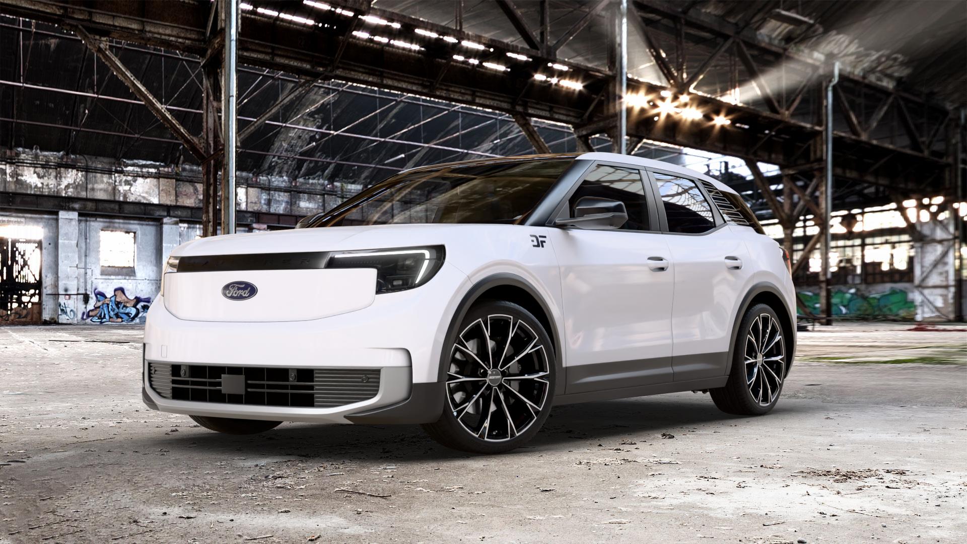 GMP Italia TOTALE Black Diamond Felge mit Reifen schwarz in 21Zoll Winterfelge Alufelge auf weissem Ford Explorer Typ DRP 0,0l 89kW Extended Range (121 PS) AWD ⬇️ mit 15mm Tieferlegung ⬇️ Old Industrial Hall_max_5300mm_2024 Frontansicht_1