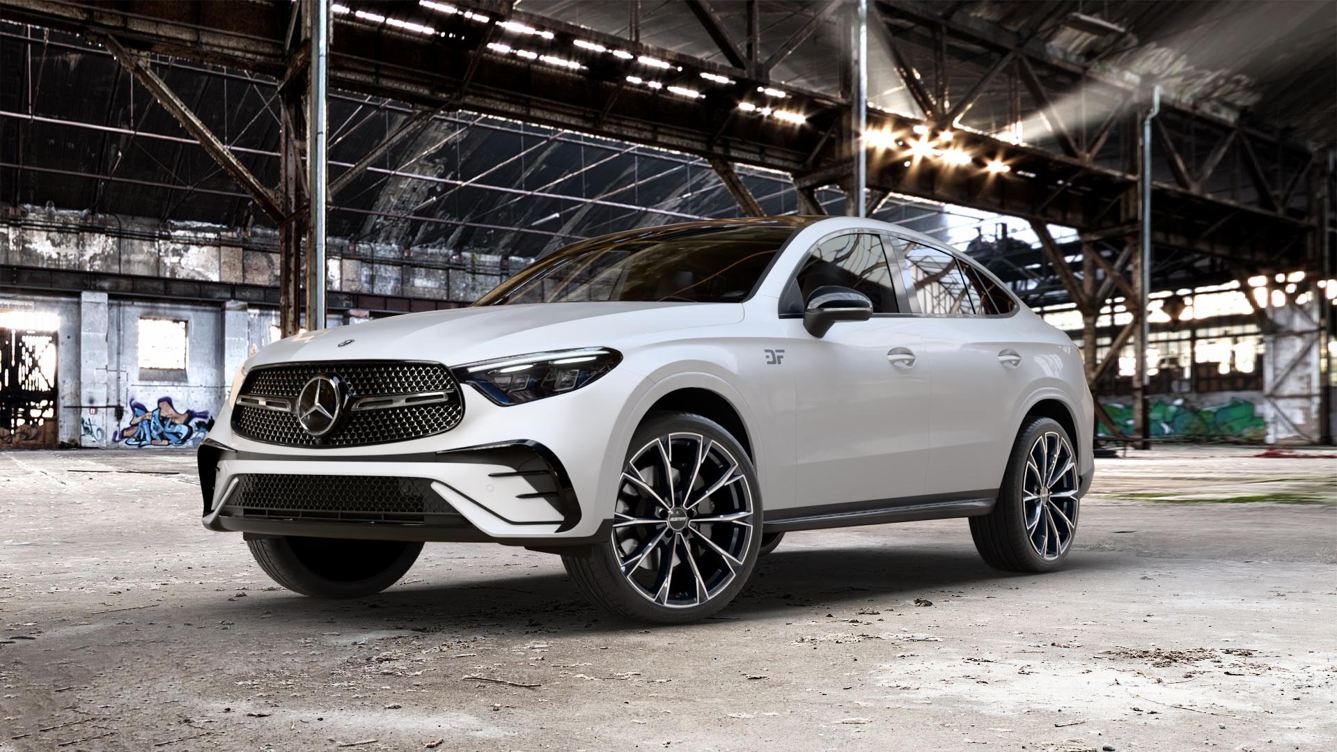 GMP Italia TOTALE Black Diamond Felge mit Reifen schwarz in 21Zoll Winterfelge Alufelge auf weissem Mercedes GLC-Klasse Coupe Typ C254 ⬇️ mit 15mm Tieferlegung ⬇️ Old Industrial Hall_max_5300mm_2024 Frontansicht_1