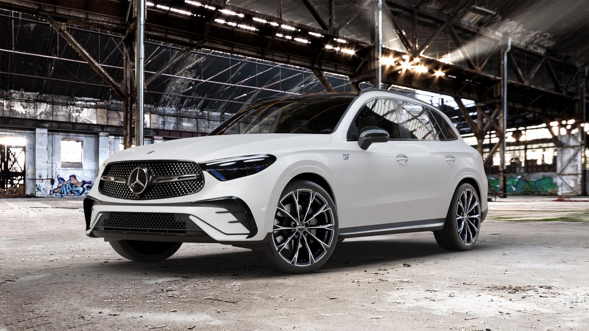 GMP Italia TOTALE Black Diamond Felge mit Reifen schwarz in 21Zoll Winterfelge Alufelge auf weissem Mercedes GLC-Klasse Typ X254 ⬇️ mit 15mm Tieferlegung ⬇️ Old Industrial Hall_max_5300mm_2024 Frontansicht_1