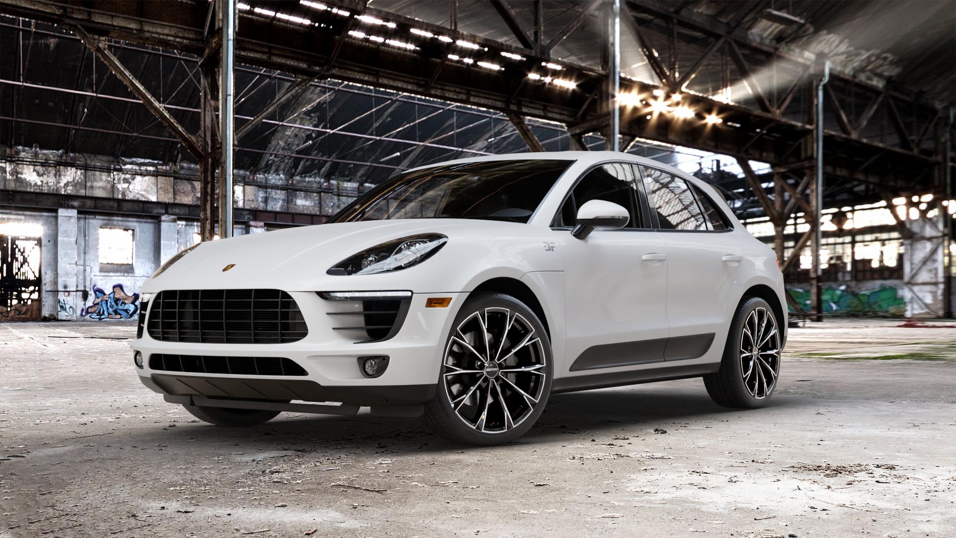 GMP Italia TOTALE Black Diamond Felge mit Reifen schwarz in 21Zoll Winterfelge Alufelge auf weissem Porsche Macan Typ 95B ⬇️ mit 15mm Tieferlegung ⬇️ Old Industrial Hall_max_5300mm_2024 Frontansicht_1