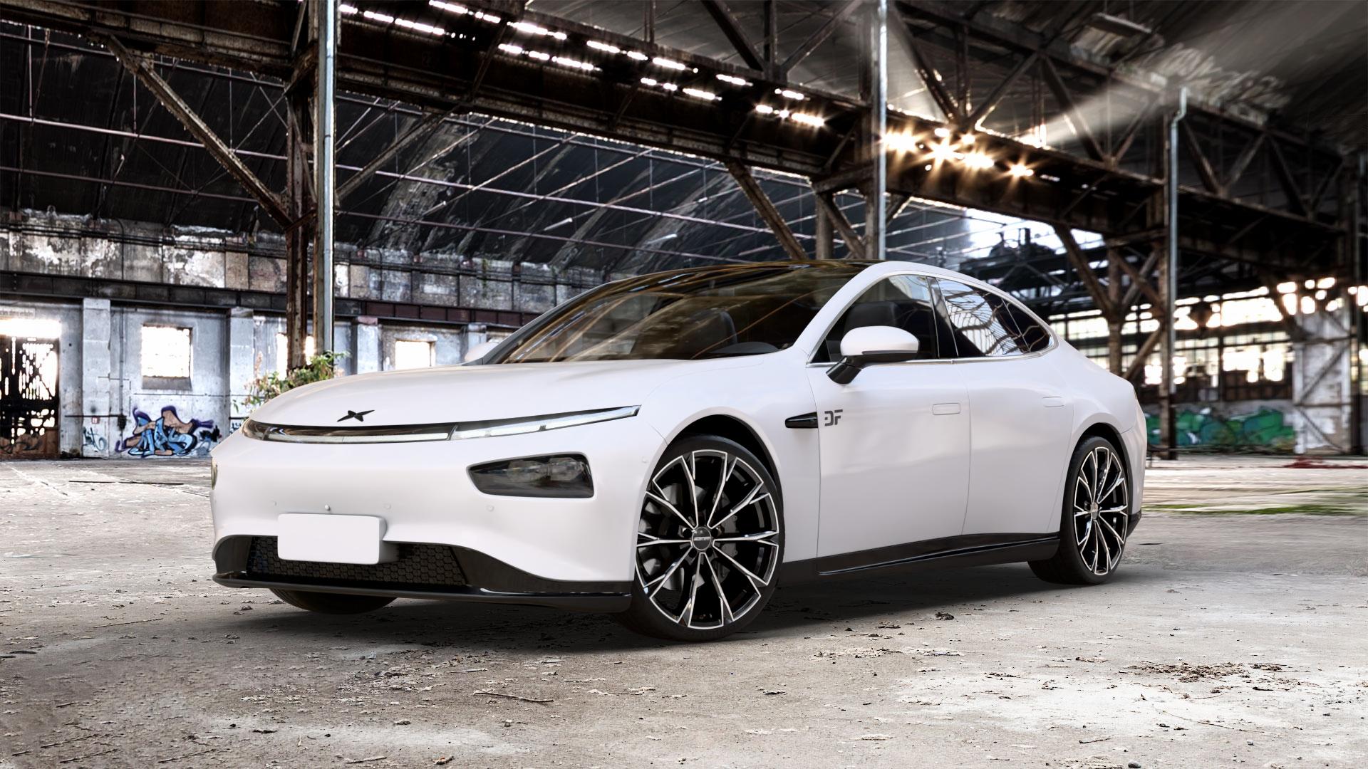 GMP Italia TOTALE Black Diamond Felge mit Reifen schwarz in 21Zoll Winterfelge Alufelge auf weissem Xpeng P7 Typ P7B 0,0l 80kW (109 PS) 100kW AWD (136 124kW (169 ⬇️ mit 15mm Tieferlegung ⬇️ Old Industrial Hall_max_5300mm_2024 Frontansicht_1