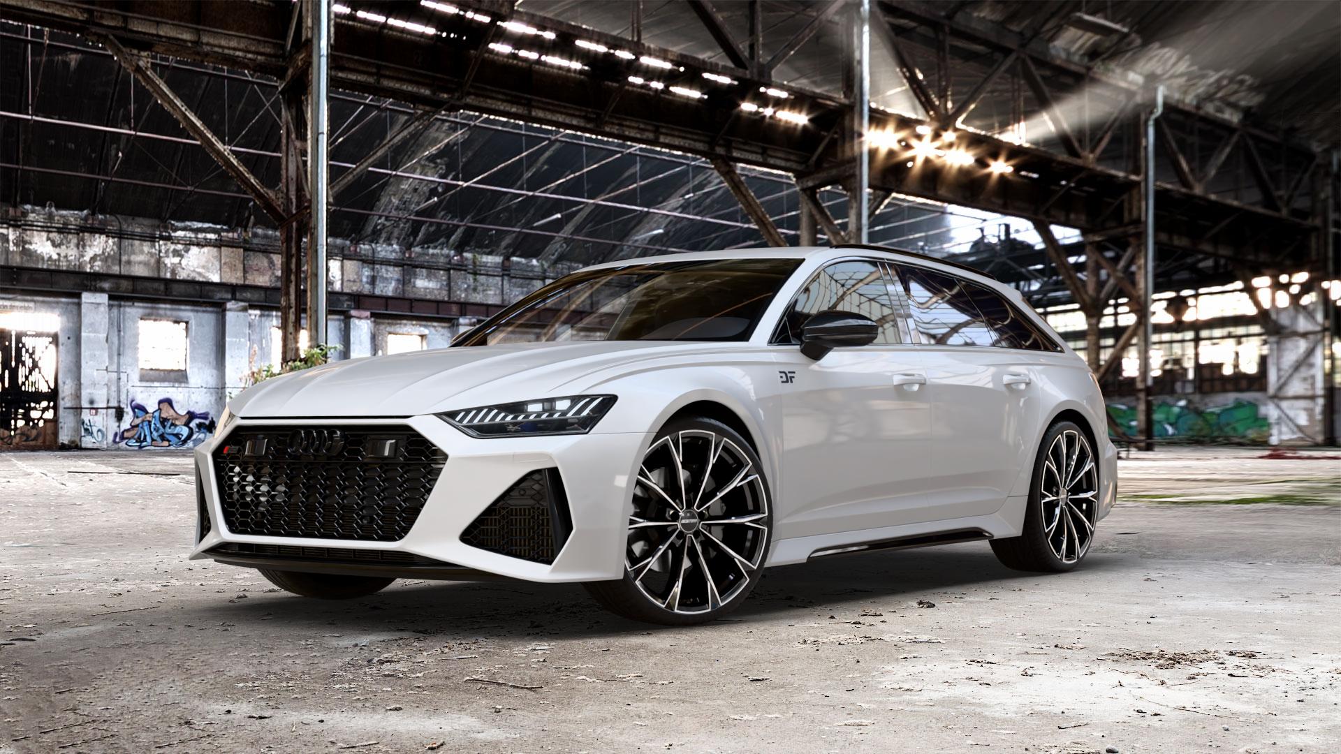 GMP Italia TOTALE Black Diamond Felge mit Reifen schwarz in 22Zoll Winterfelge Alufelge auf weissem Audi A6 Typ F2/C8 (Avant) 4,0l RS6 TFSI quattro 441kW (600 PS) Mild-Hybrid Performance 463kW (630 ⬇️ mit 15mm Tieferlegung ⬇️ Old Industrial Hall_max_5300mm_2024 Frontansicht_1