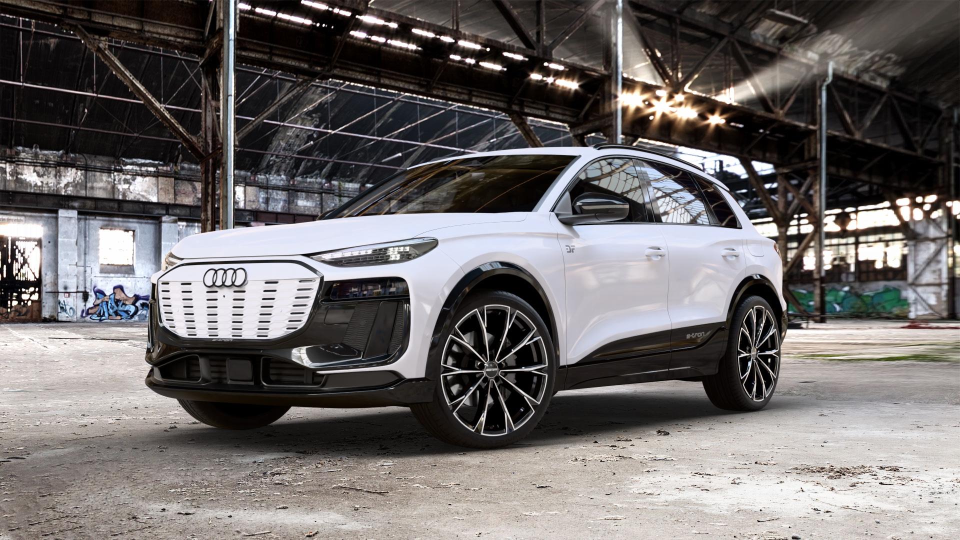 GMP Italia TOTALE Black Diamond Felge mit Reifen schwarz in 22Zoll Winterfelge Alufelge auf weissem Audi Q6 Typ GF 0,0l 120kW 55 e-tron quattro (163 PS) SQ6 qutratto performance 100kW (136 ⬇️ mit 15mm Tieferlegung ⬇️ Old Industrial Hall_max_5300mm_2024 Frontansicht_1