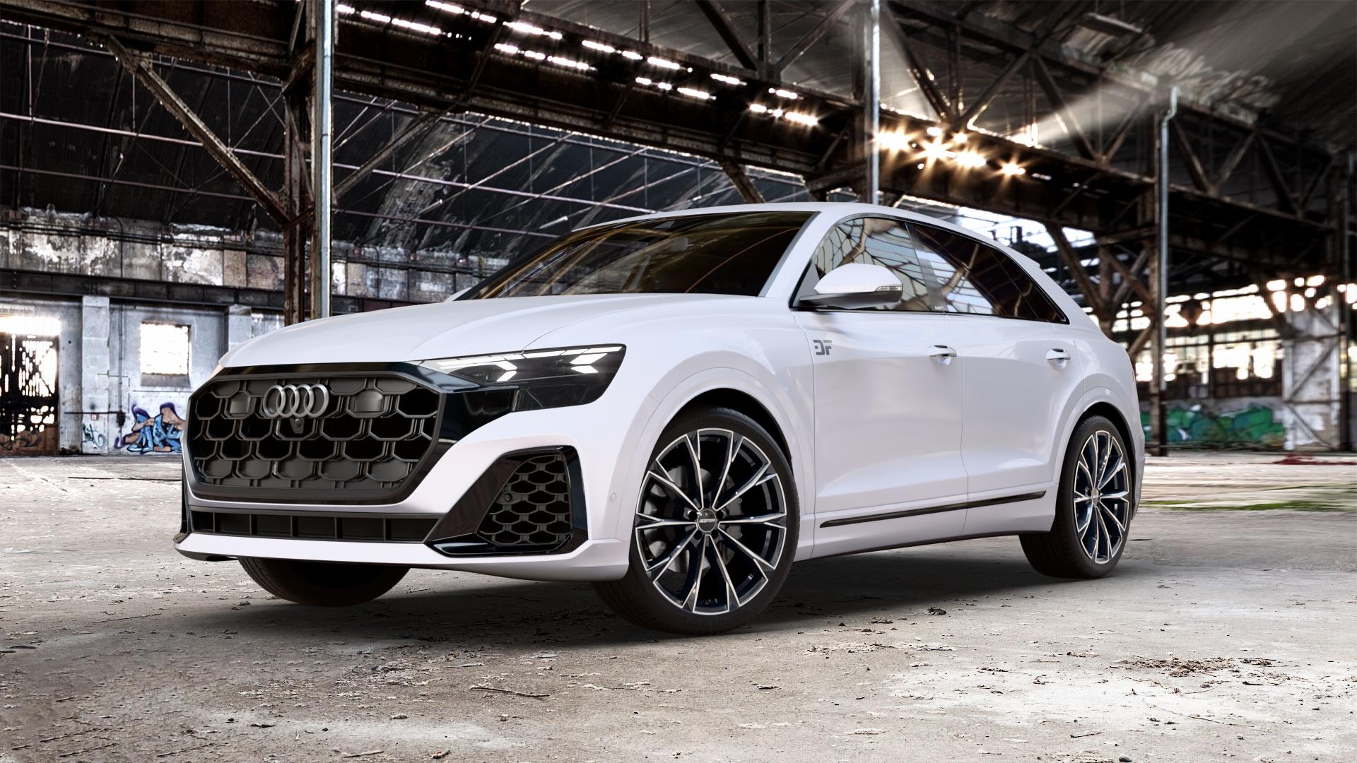 GMP Italia TOTALE Black Diamond Felge mit Reifen schwarz in 22Zoll Winterfelge Alufelge auf weißem Audi Q8 Typ 4M (4L) Facelift ⬇️ mit 15mm Tieferlegung ⬇️ Old Industrial Hall_max_5300mm_2024 Frontansicht_1