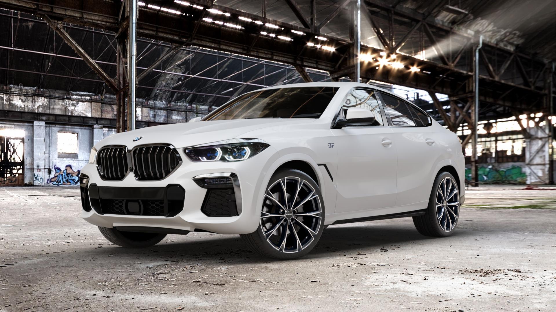 GMP Italia TOTALE Black Diamond Felge mit Reifen schwarz in 22Zoll Winterfelge Alufelge auf weissem BMW X6 Typ G06 (G6X) 3,0l xDrive30d 195kW (265 PS) xDrive40i 250kW (340 155kW (211 183kW (249 M50d xDrive 294kW (400 4,4l M50i 390kW (530 ⬇️ mit 15mm Tieferlegung ⬇️ Old Industrial Hall_max_5300mm_2024 Frontansicht_1